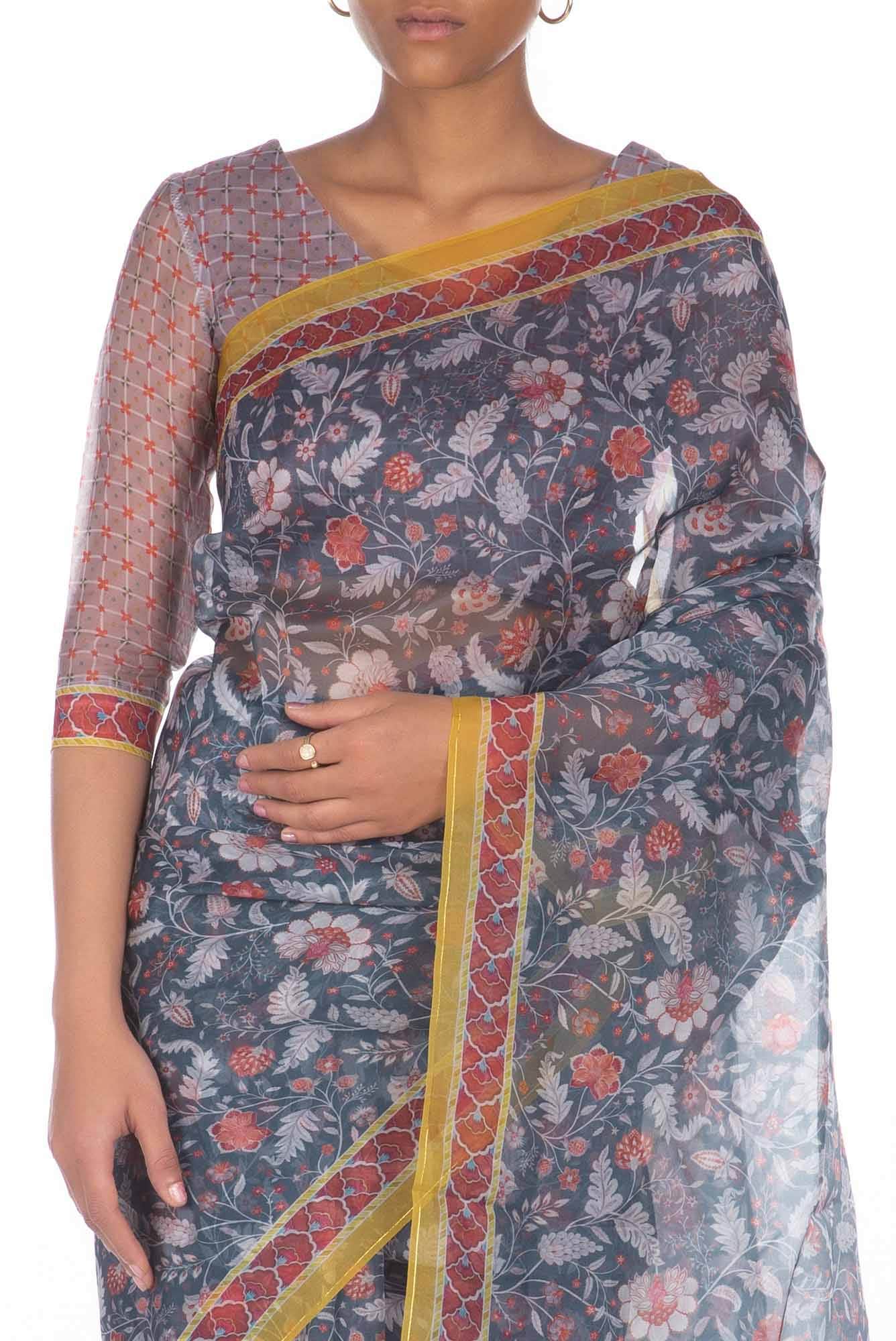 Guldasta Steel grey floral design saree from Chintz Collection, Designed by Nalli