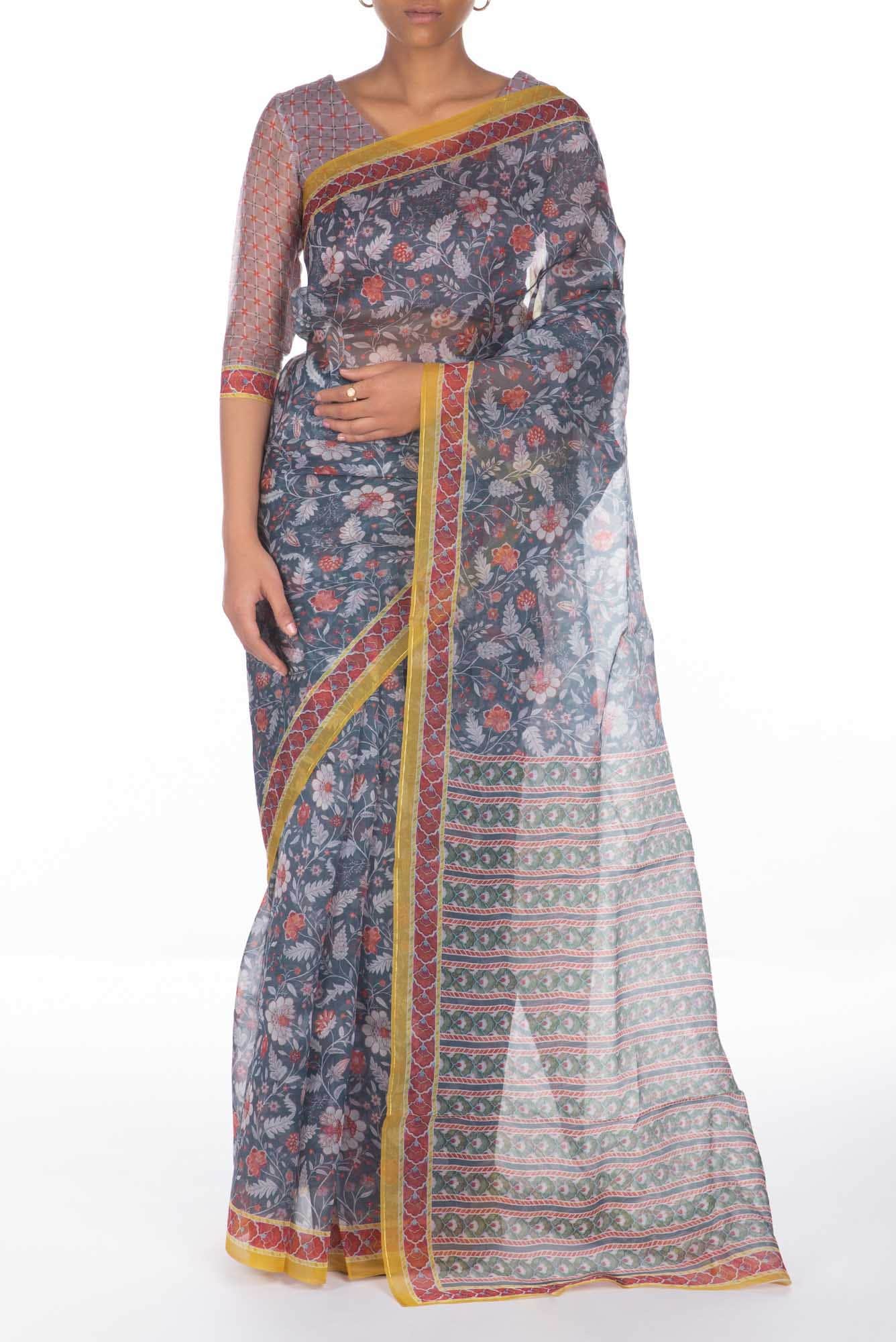 Guldasta Steel grey floral design saree from Chintz Collection, Designed by Nalli