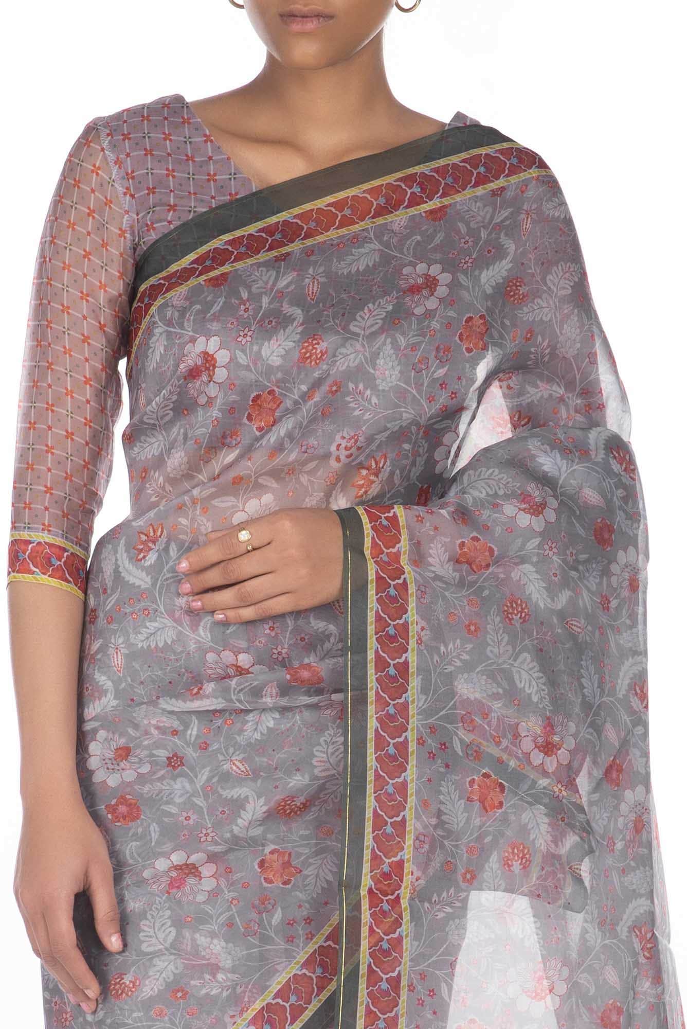 Guldasta Grey floral design saree from Chintz Collection, Designed by Nalli