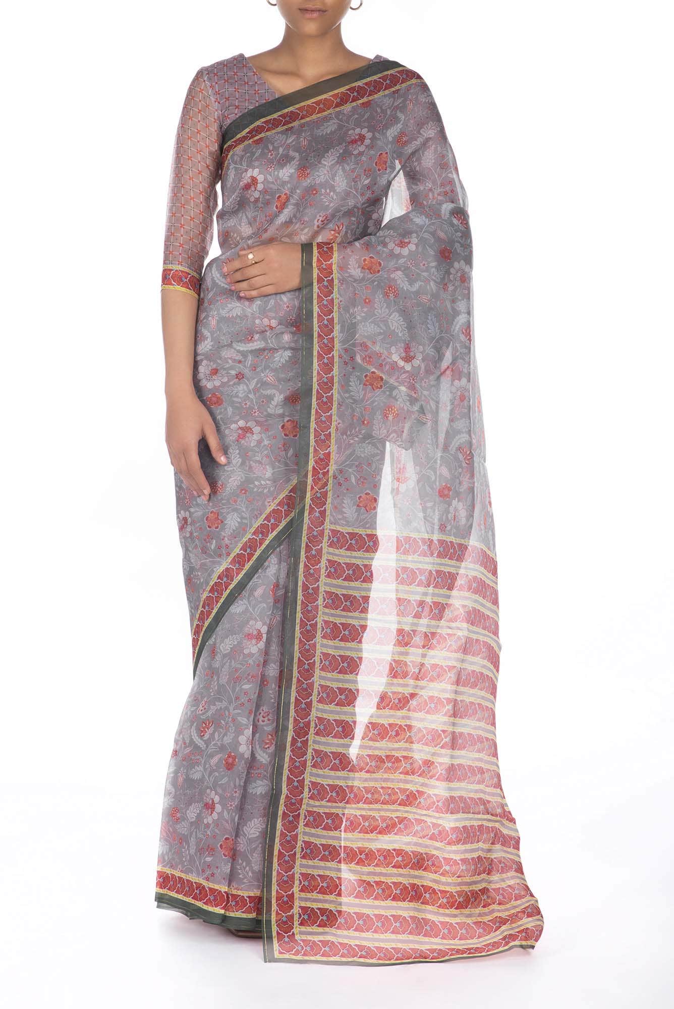 Guldasta Grey floral design saree from Chintz Collection, Designed by Nalli