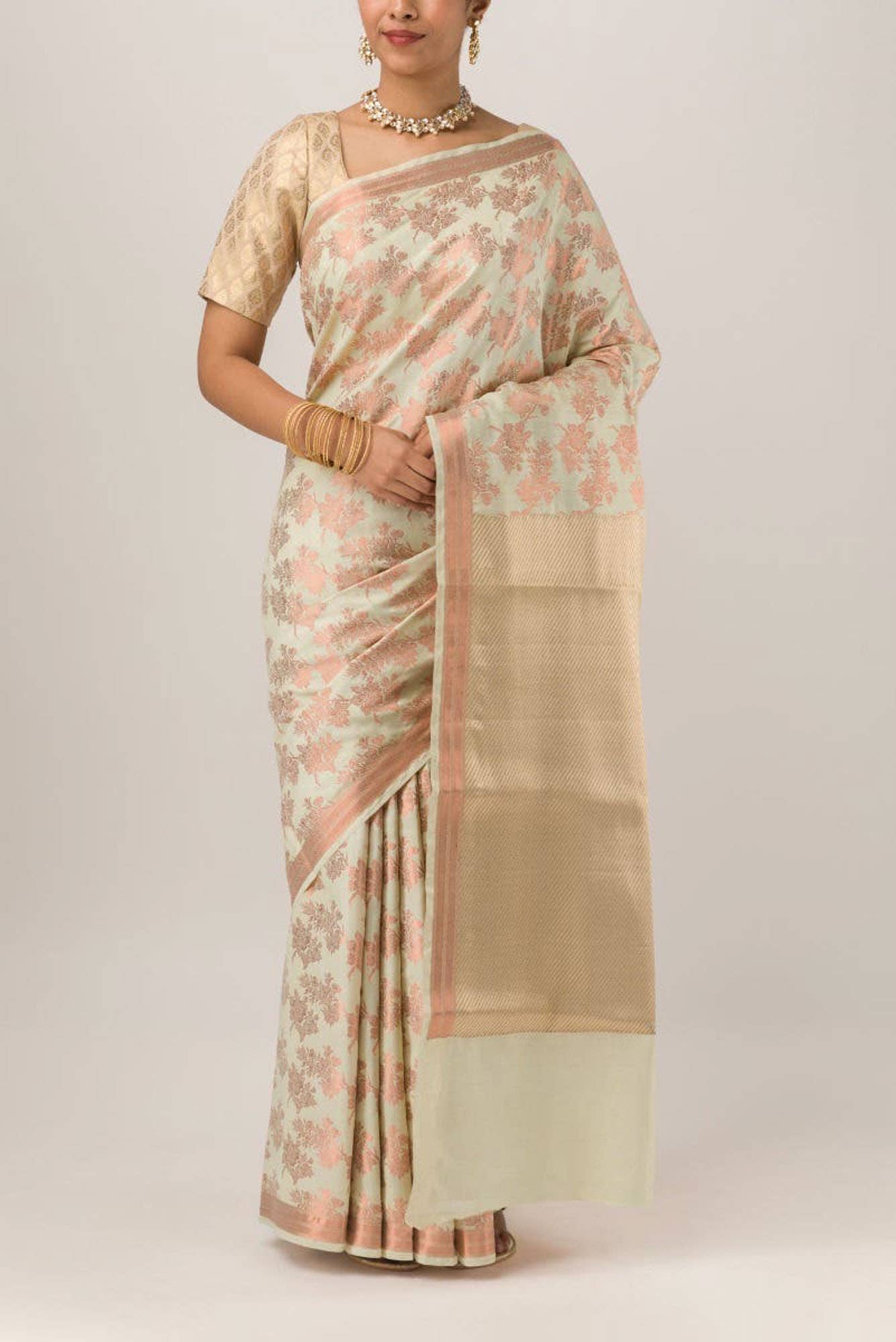 Pyari Peony-Sandal Banarasi Silk Saree