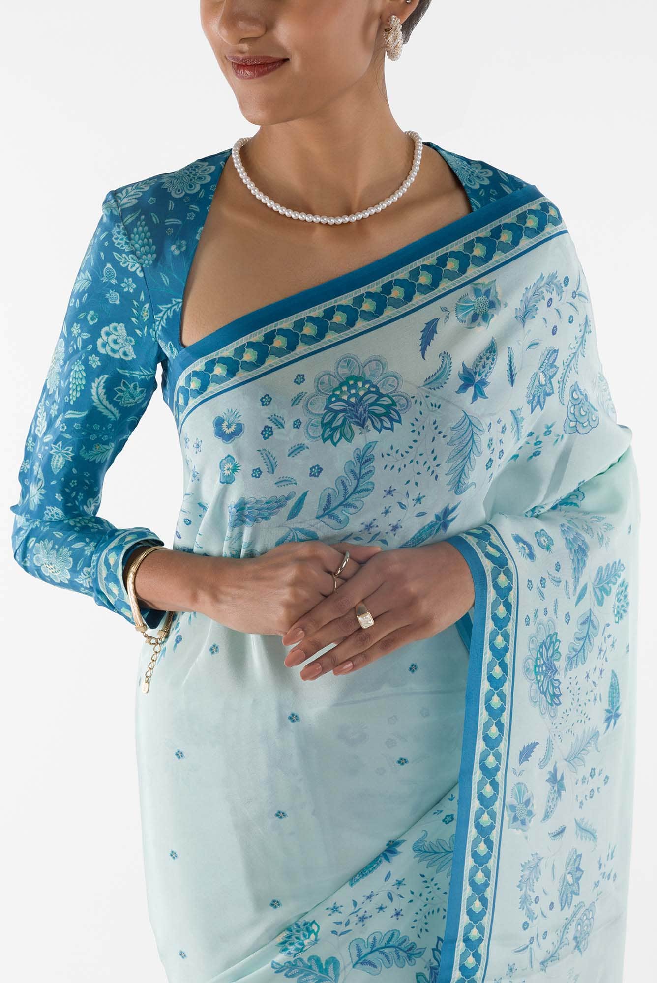 Chandni -  Light Blue Floral design saree from Chintz Collection, Designed by Nalli