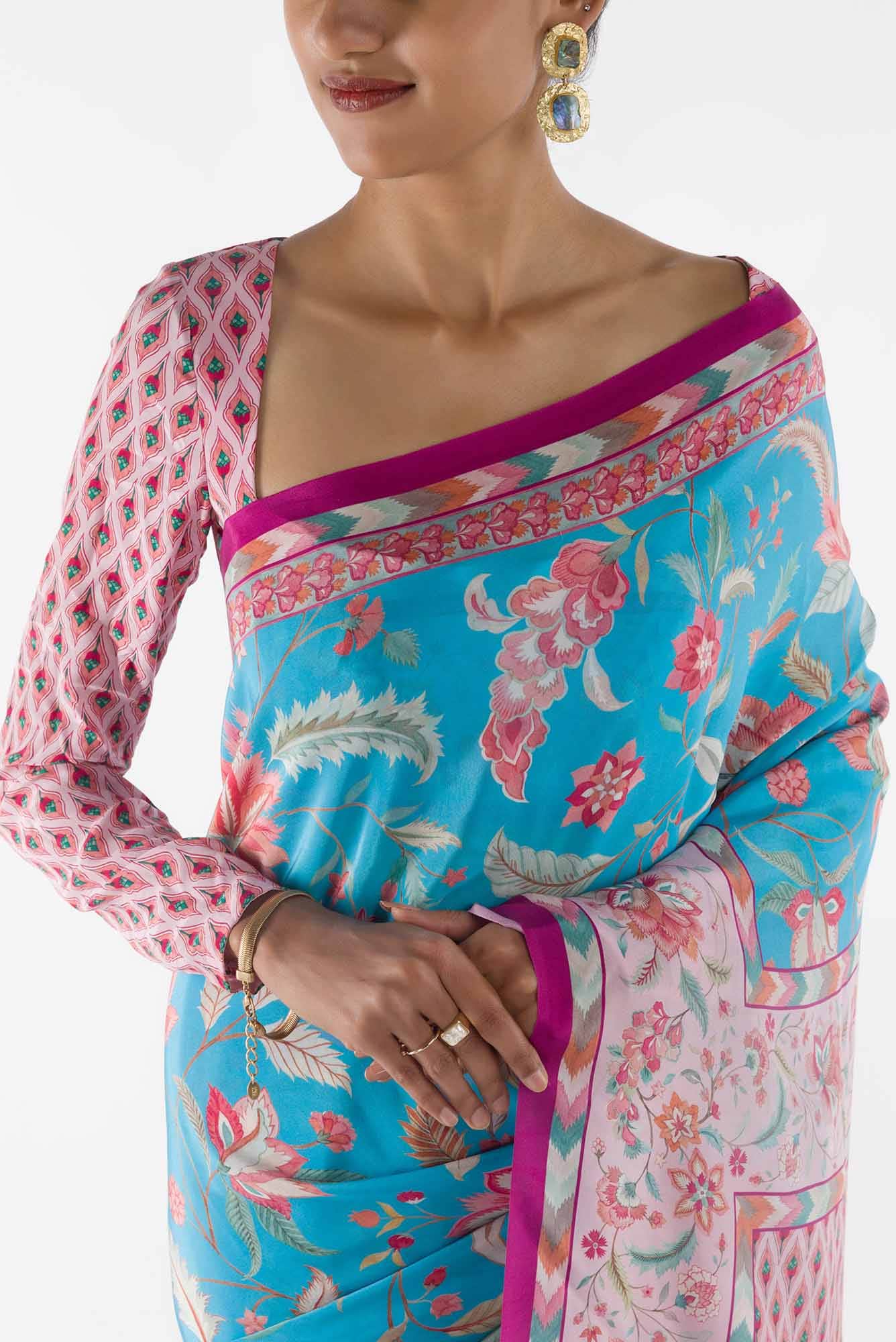 Bagicha - Sky Blue Floral design saree from Chintz Collection, Designed by Nalli