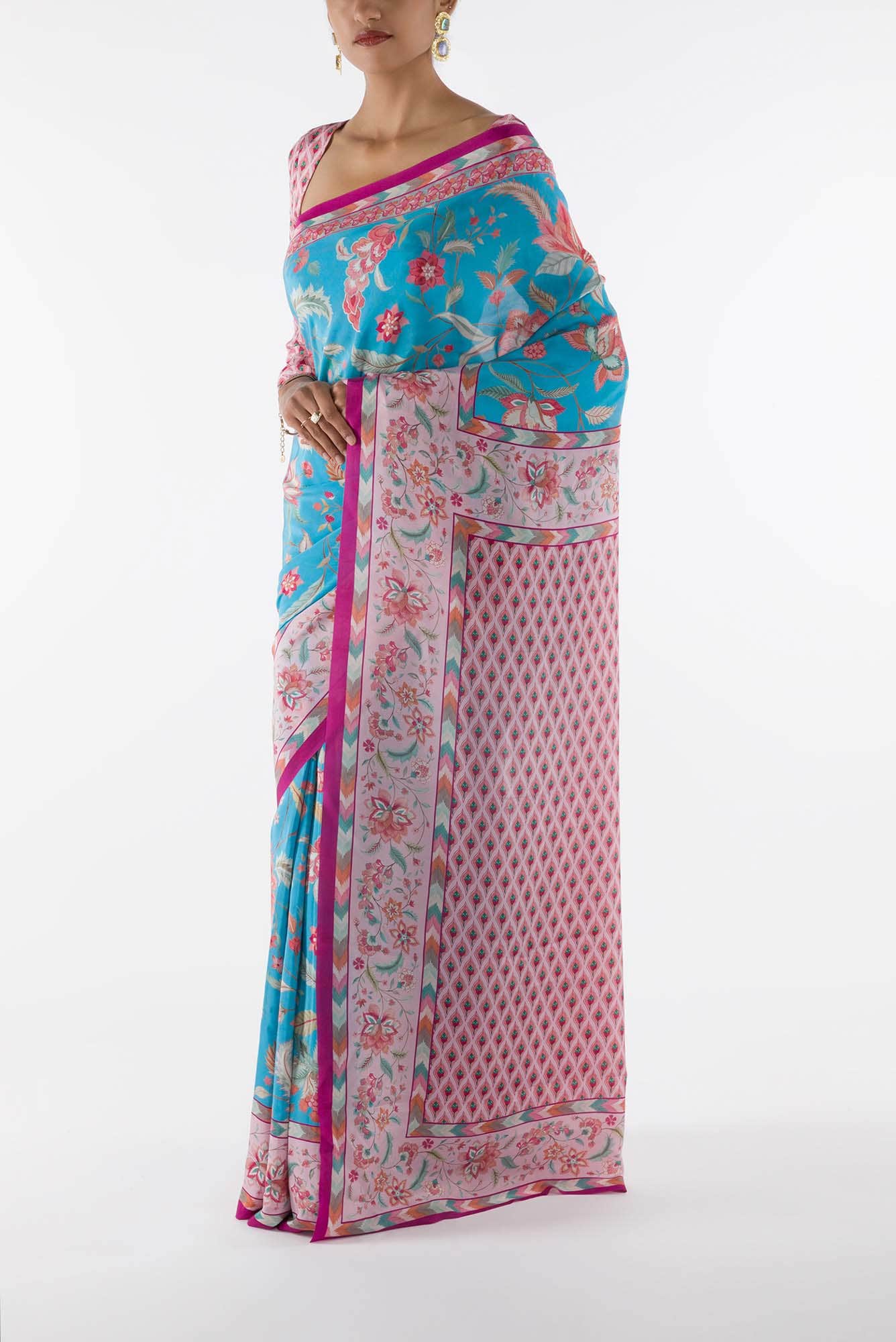 Bagicha - Sky Blue Floral design saree from Chintz Collection, Designed by Nalli