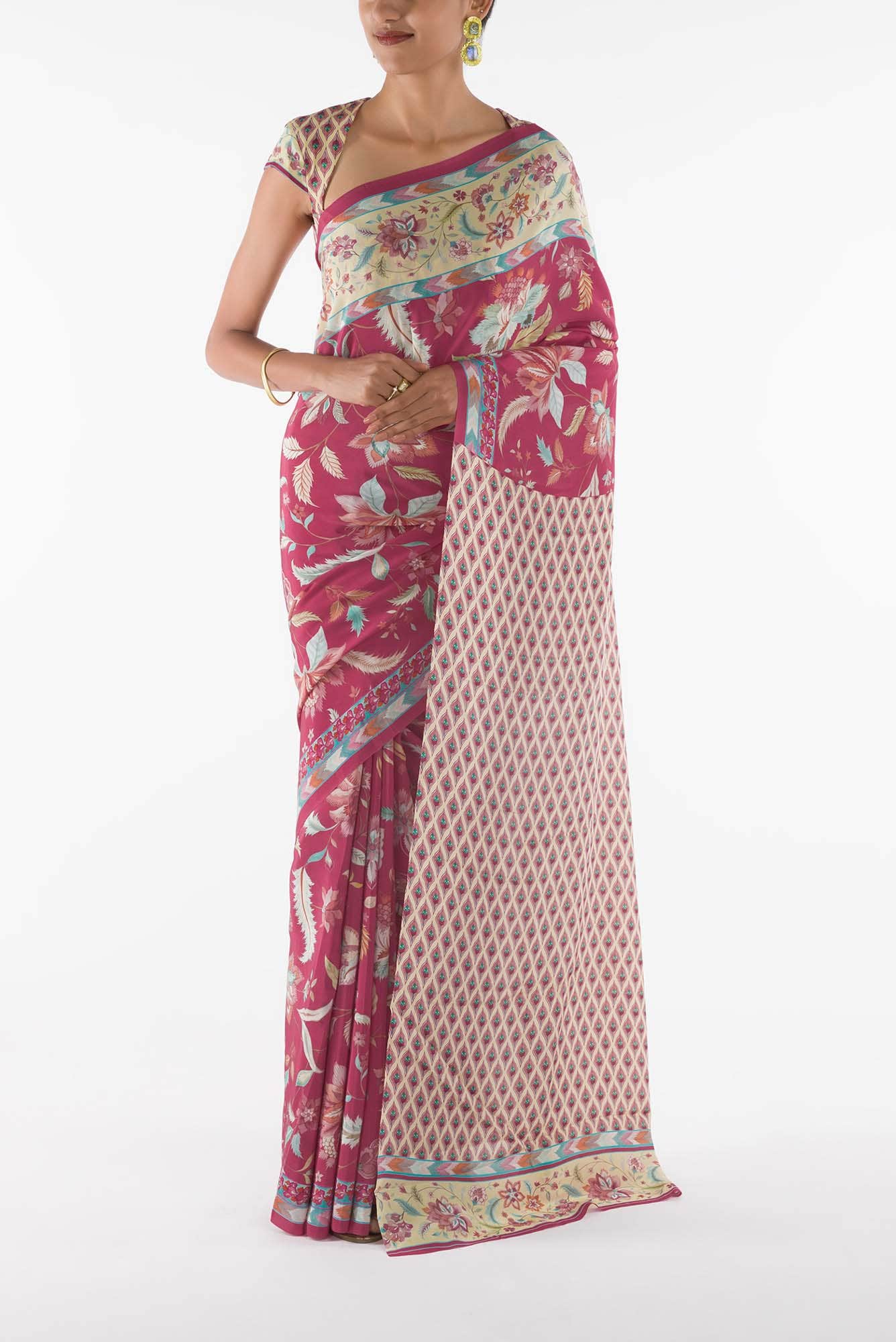 Bagicha - Dark pink Floral design saree from Chintz Collection, Designed by Nalli