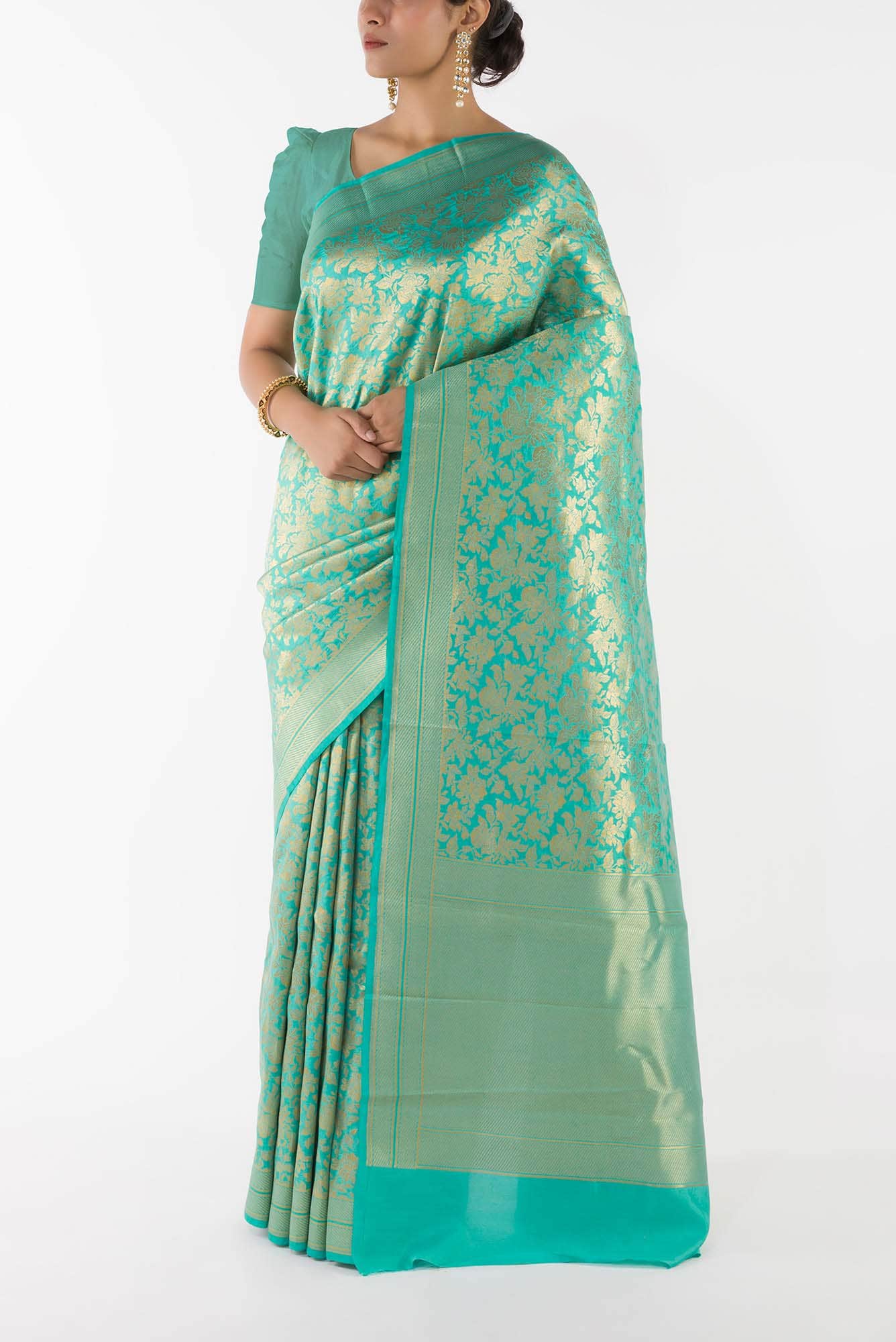 Blossom Bahar- Turquoise Banarasi Silk Saree