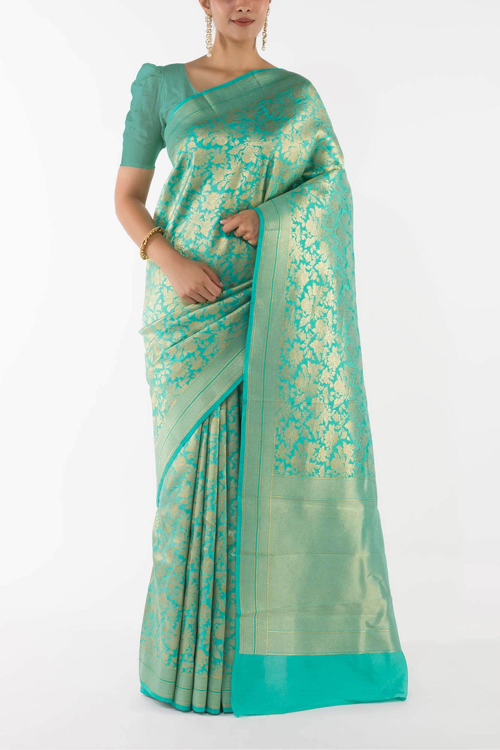 Blossom Bahar- Turquoise Banarasi Silk Saree