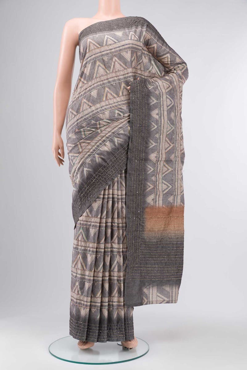 Grey Blended Tussar Silk Saree