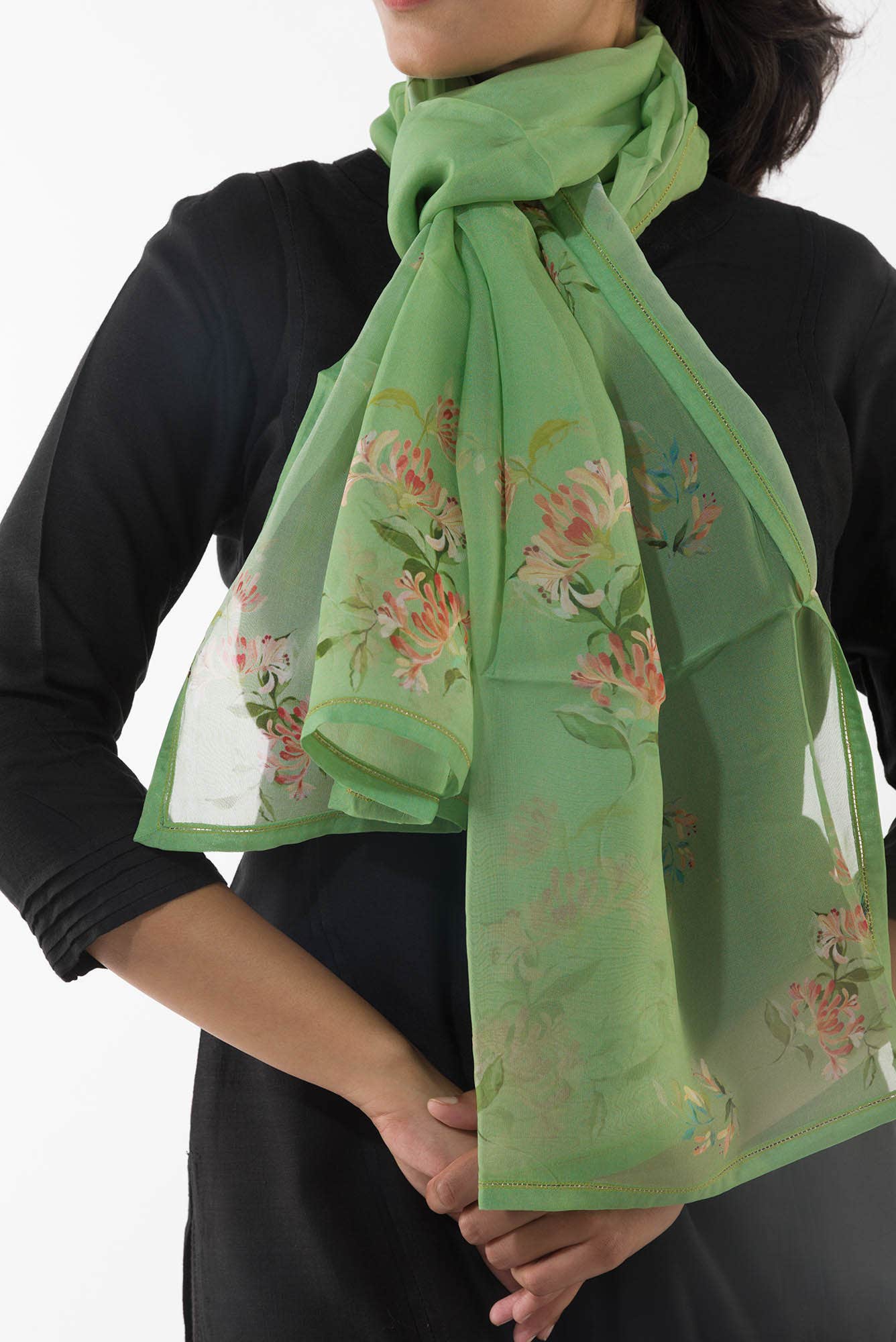 Humming Hovers Pista Green Stole from Birds of Paradise, Scarves & Stoles Collection