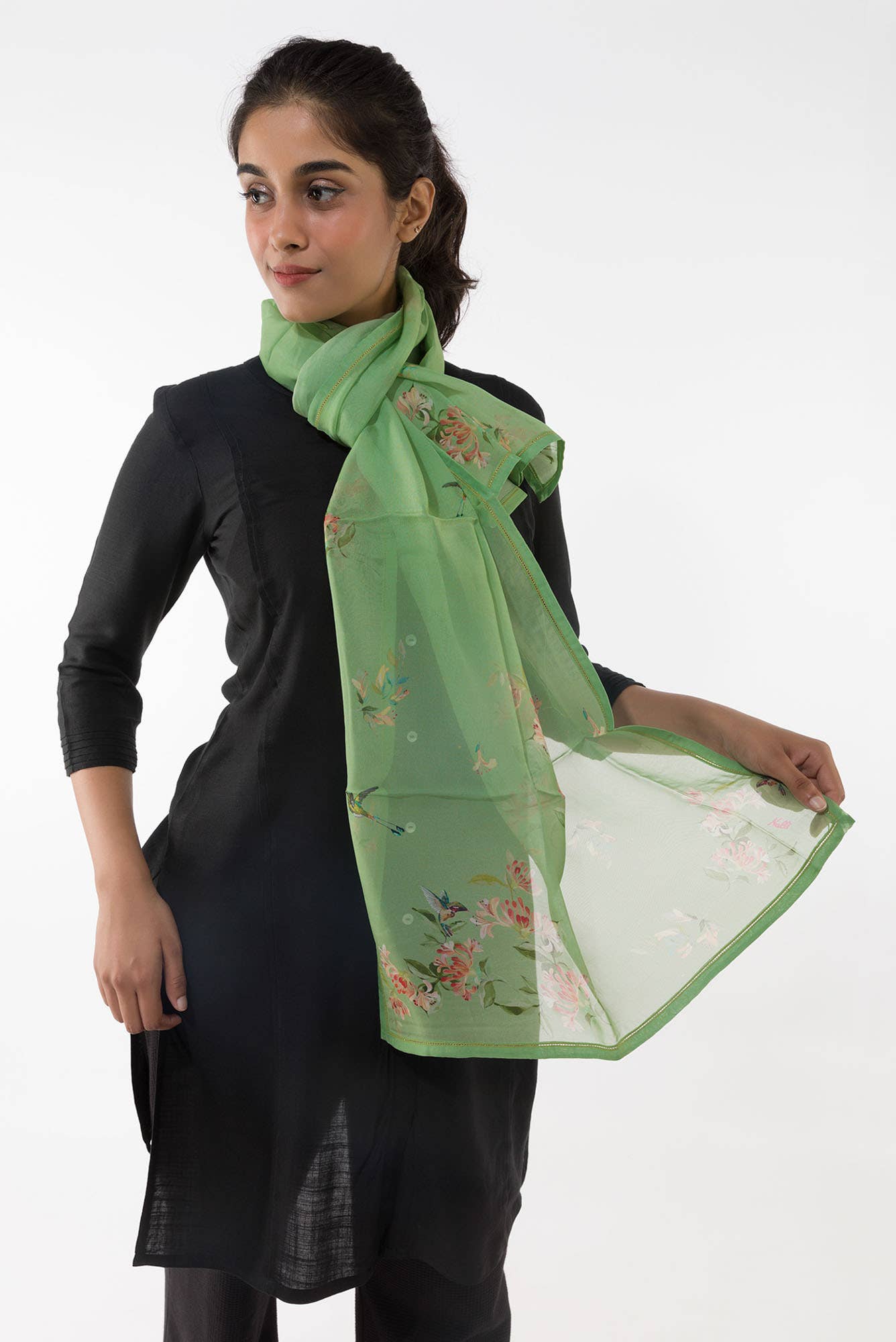 Humming Hovers Pista Green Stole from Birds of Paradise, Scarves & Stoles Collection