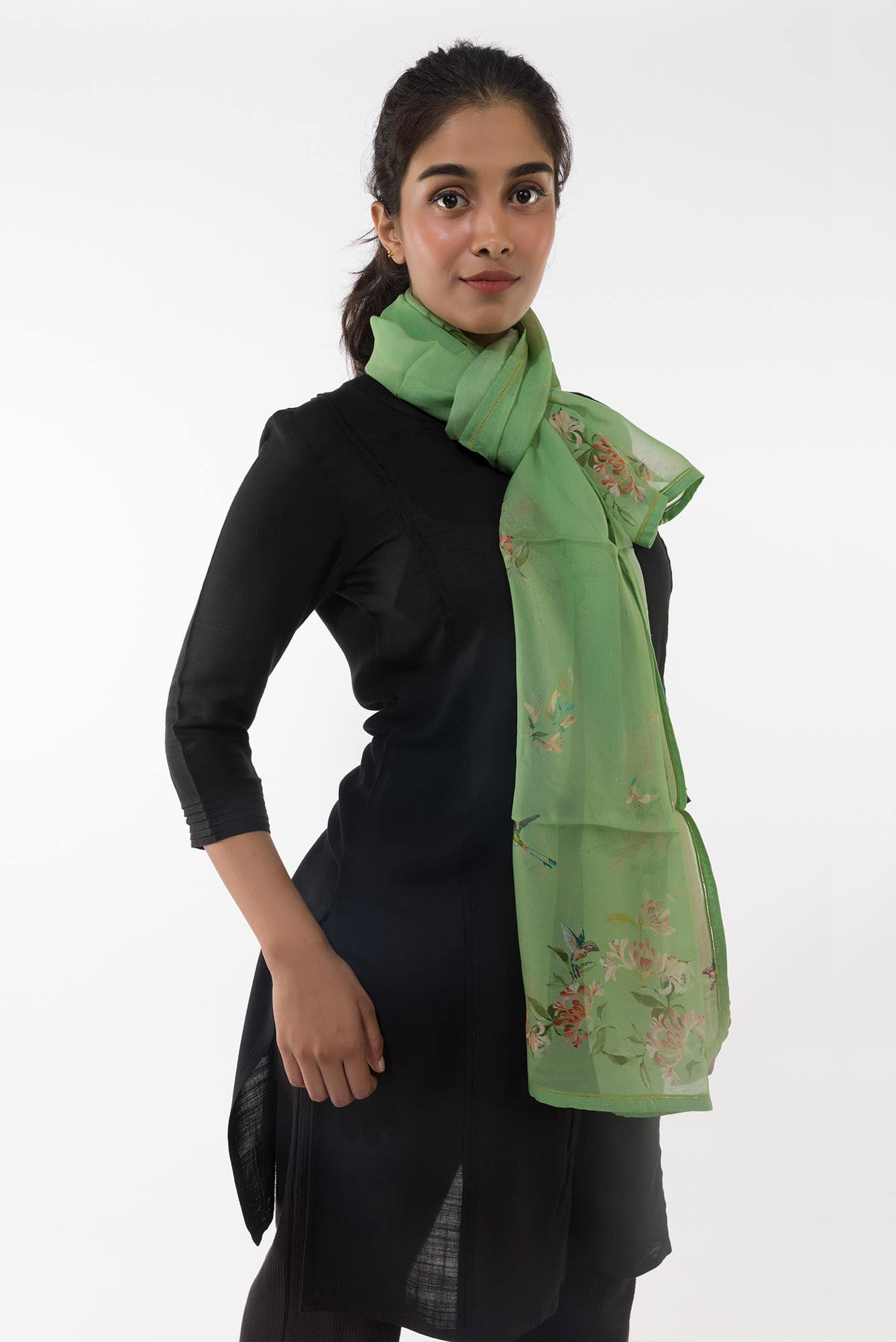Humming Hovers Pista Green Stole from Birds of Paradise, Scarves & Stoles Collection