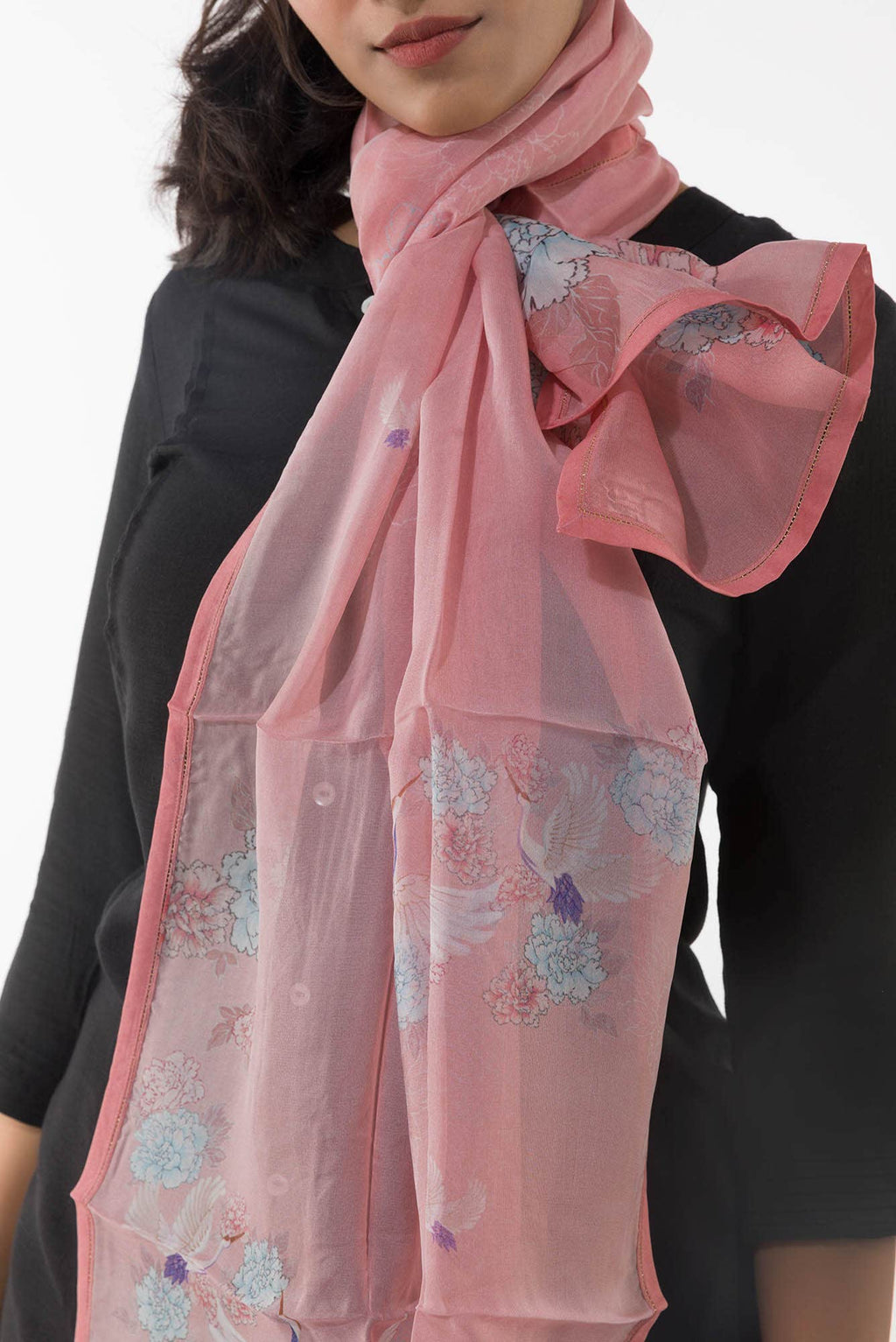 Flying Cranes Light Pink Stole from Birds of Paradise, Scarves & Stoles Collection
