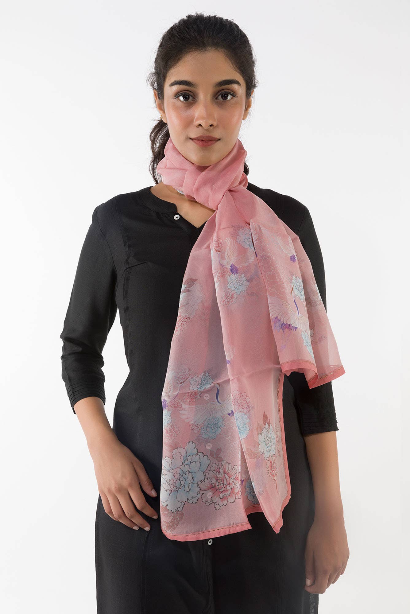 Flying Cranes Light Pink Stole from Birds of Paradise, Scarves & Stoles Collection