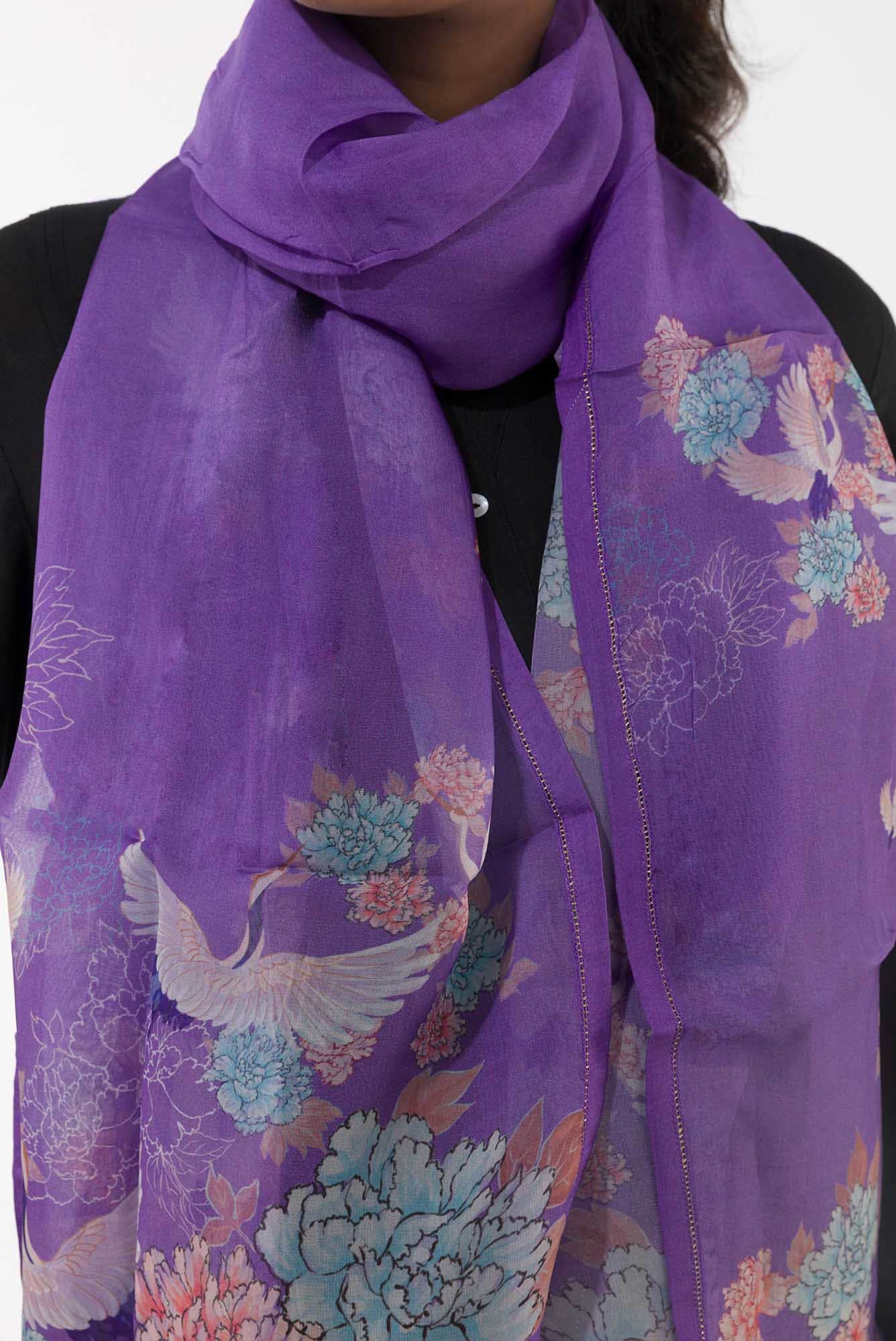 Flying Cranes Lavender Stole from Birds of Paradise, Scarves & Stoles Collection