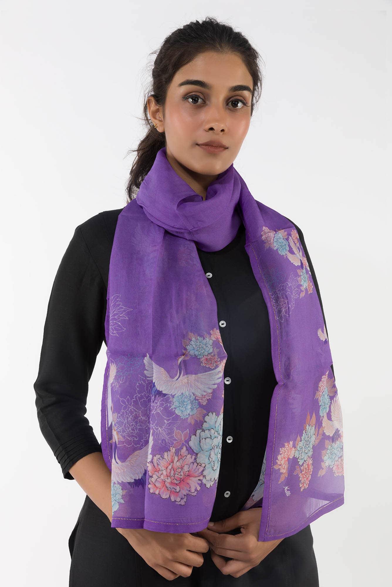 Flying Cranes Lavender Stole from Birds of Paradise, Scarves & Stoles Collection