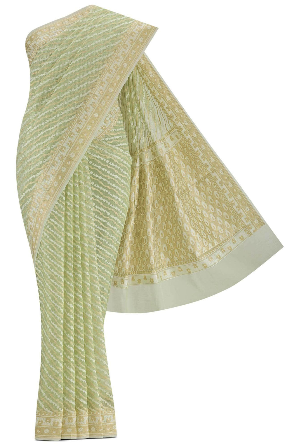 Green Blended Banarasi Kora Cotton Saree
