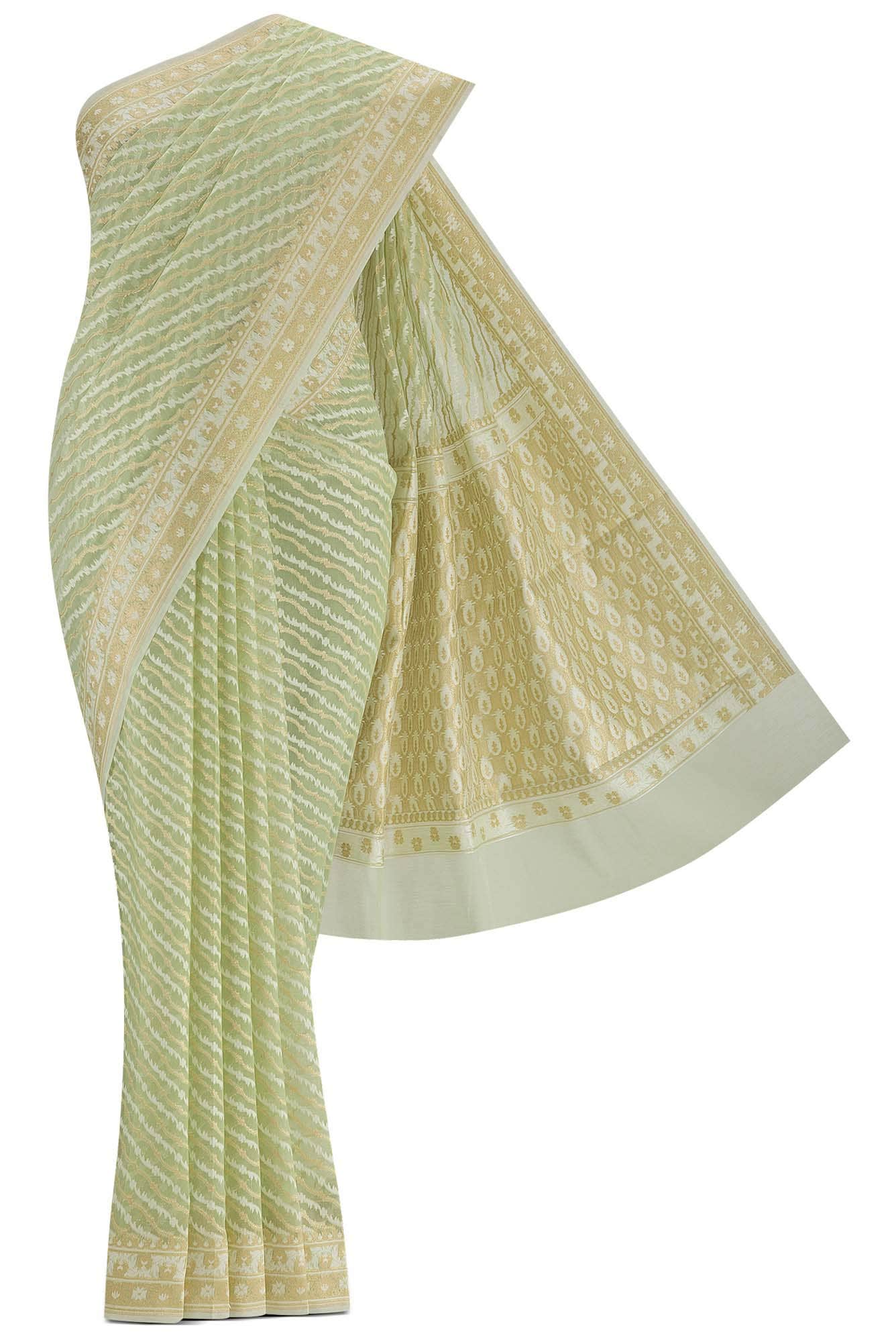 Green Blended Banarasi Kora Cotton Saree