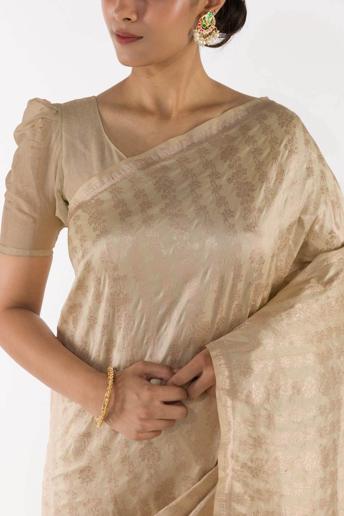 Pamposh Petite Beige Katan Banarasi Banarasi Saree