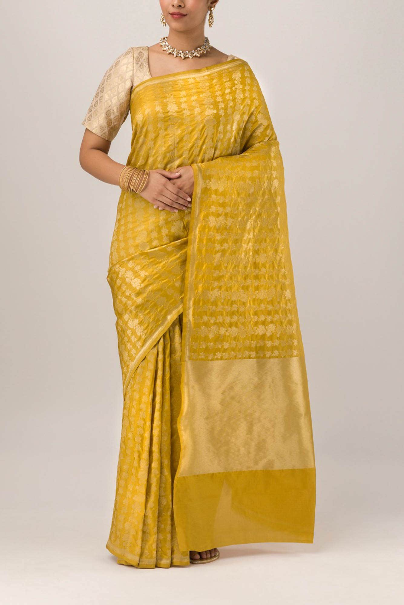 Pamposh Petite- Yellow Banarasi Saree