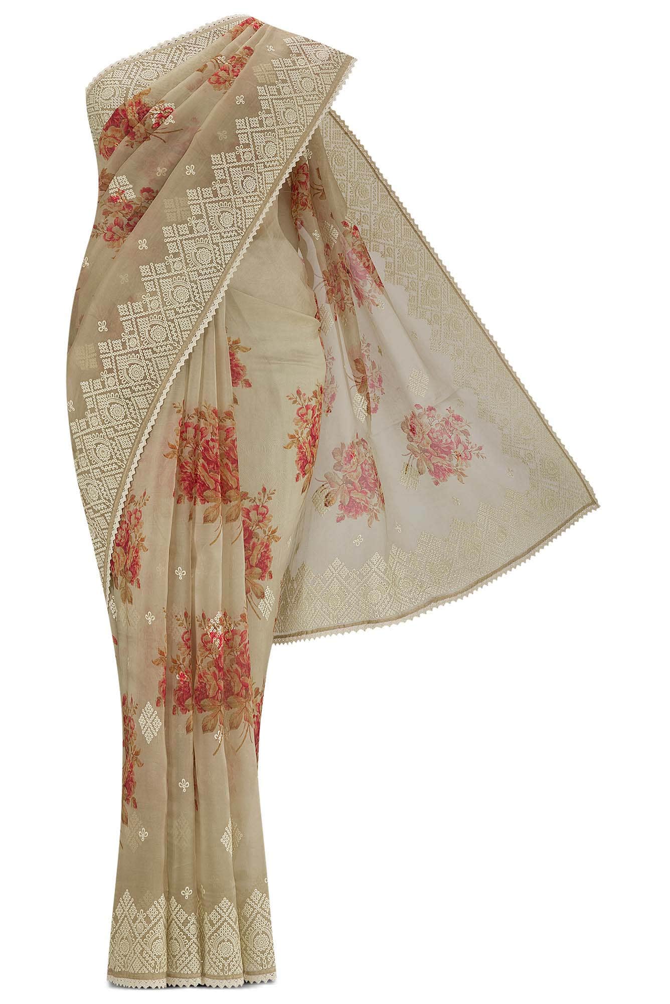 Beige Pure Organza Silk Saree