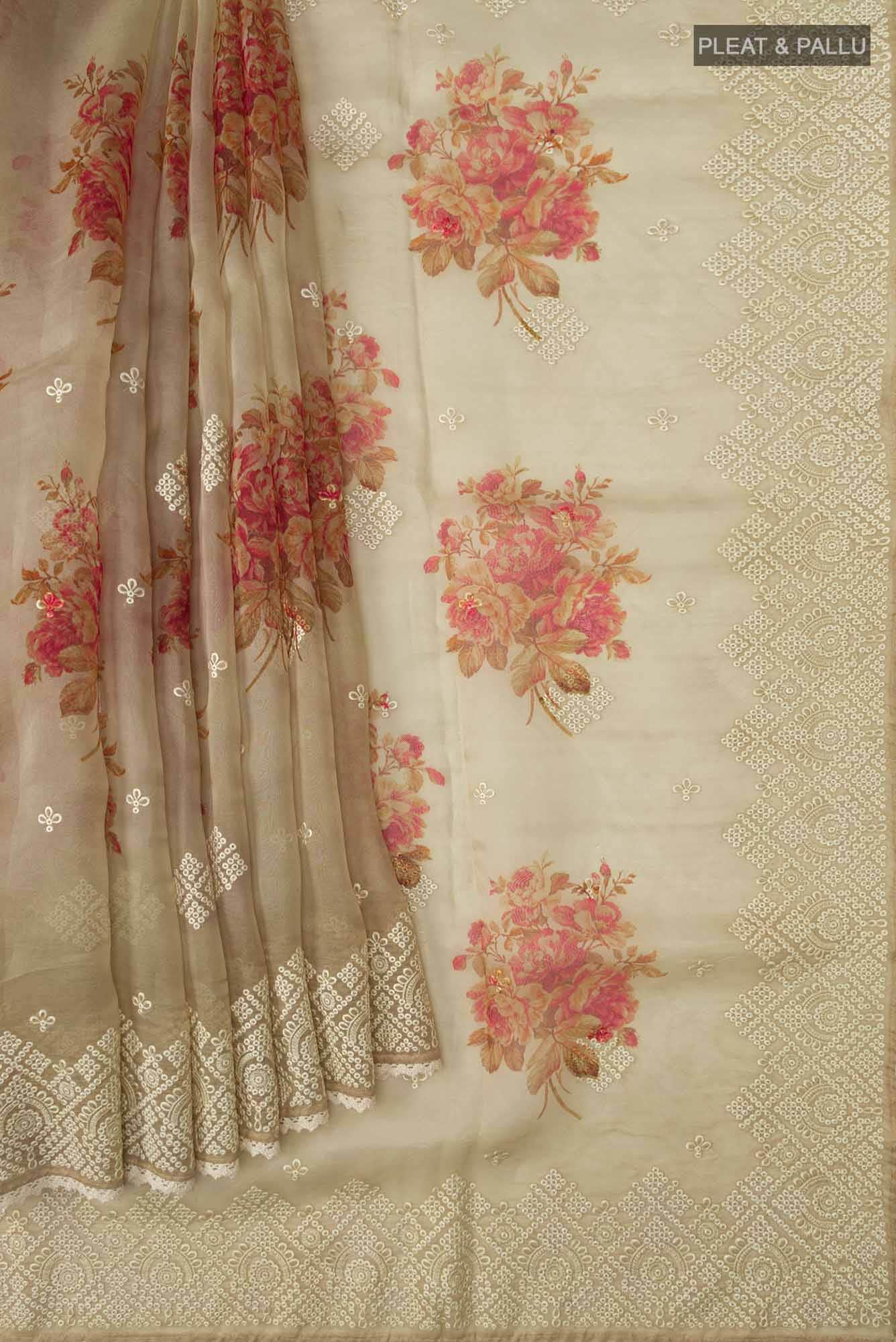 Beige Pure Organza Silk Saree