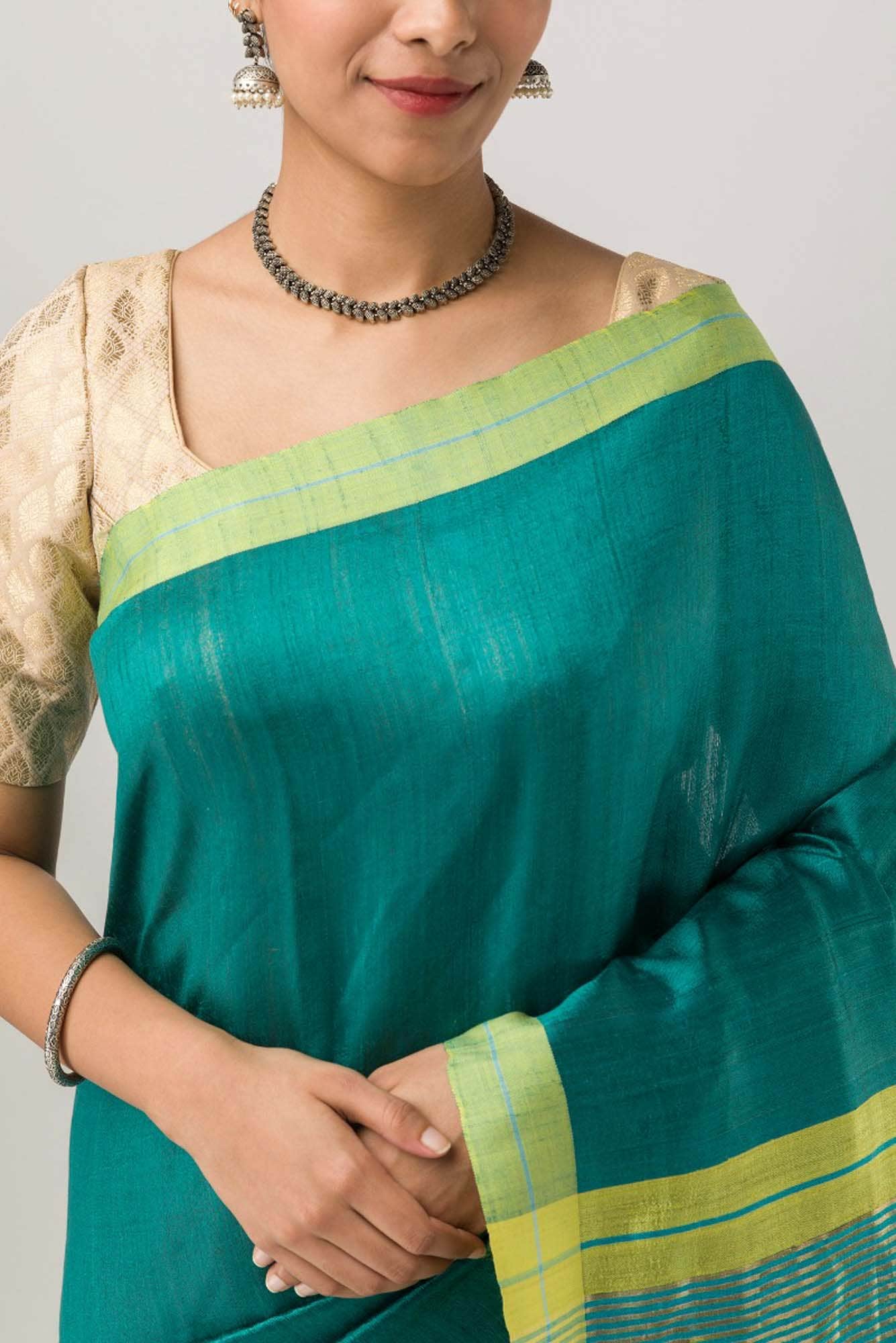 Kruti-Dark Teal Bhagalpuri Tussar Silk Saree