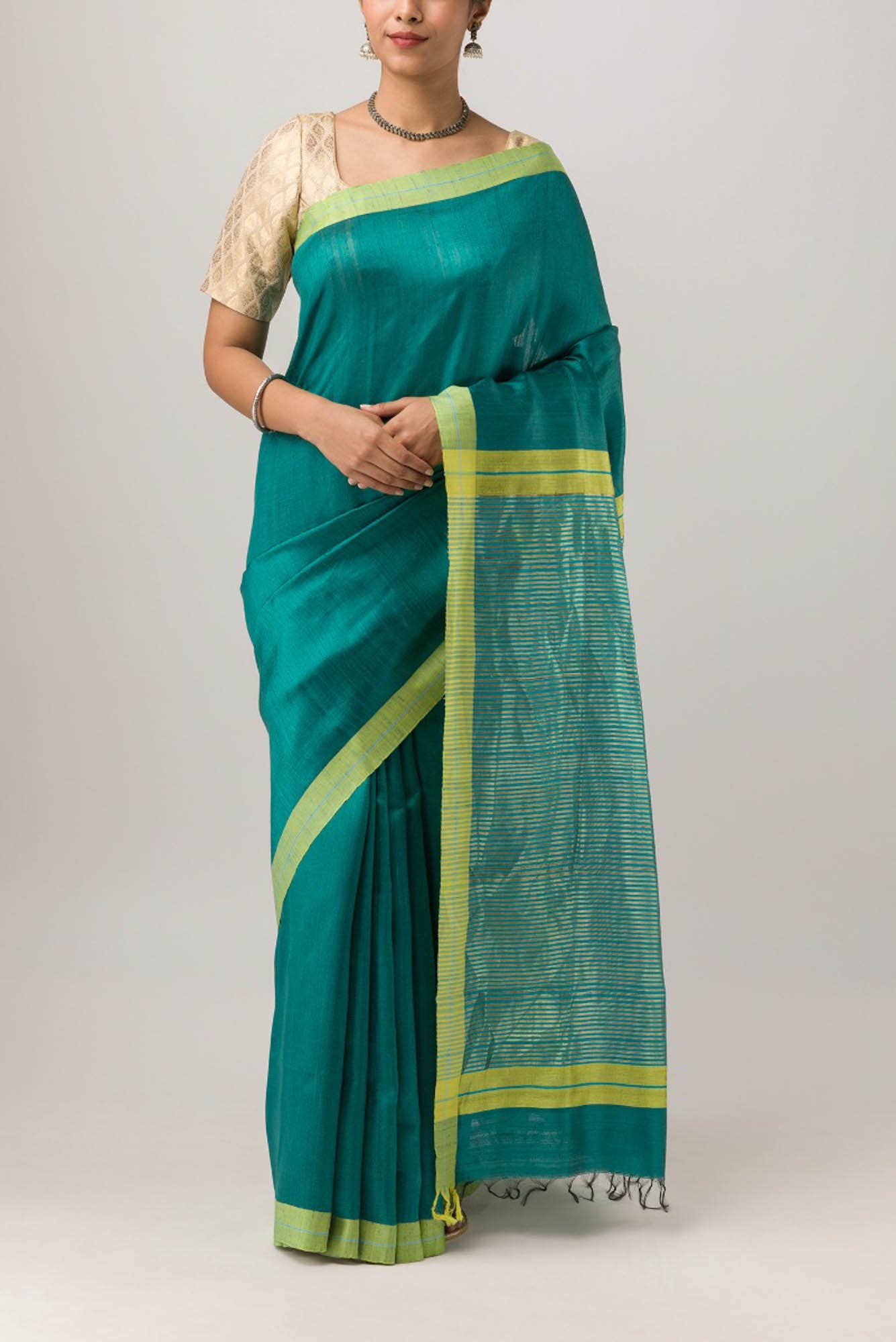 Kruti-Dark Teal Bhagalpuri Tussar Silk Saree
