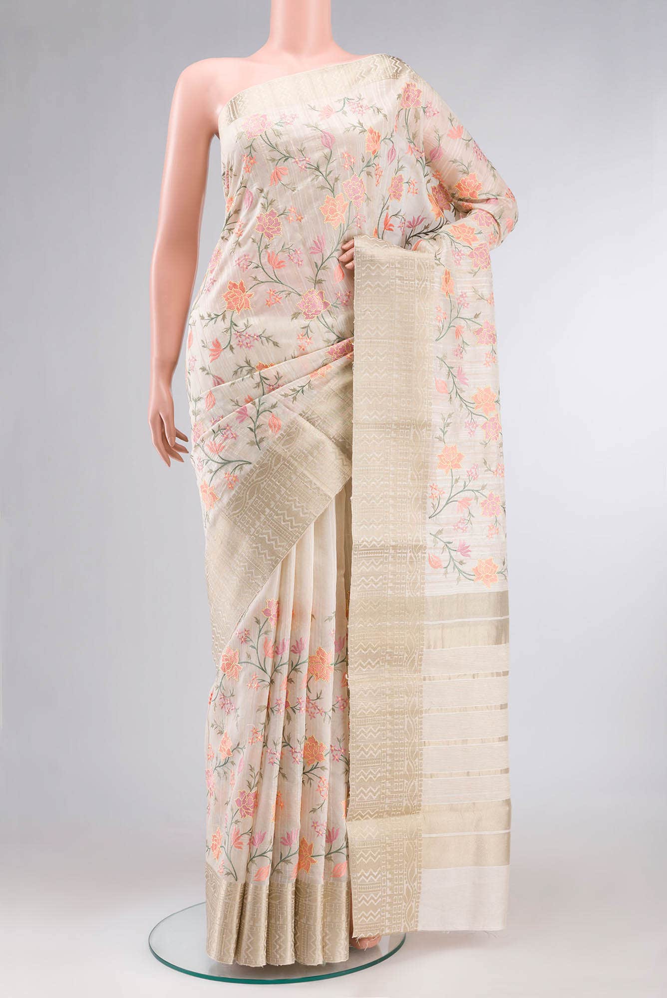 Cream Blended Tussar Silk Saree