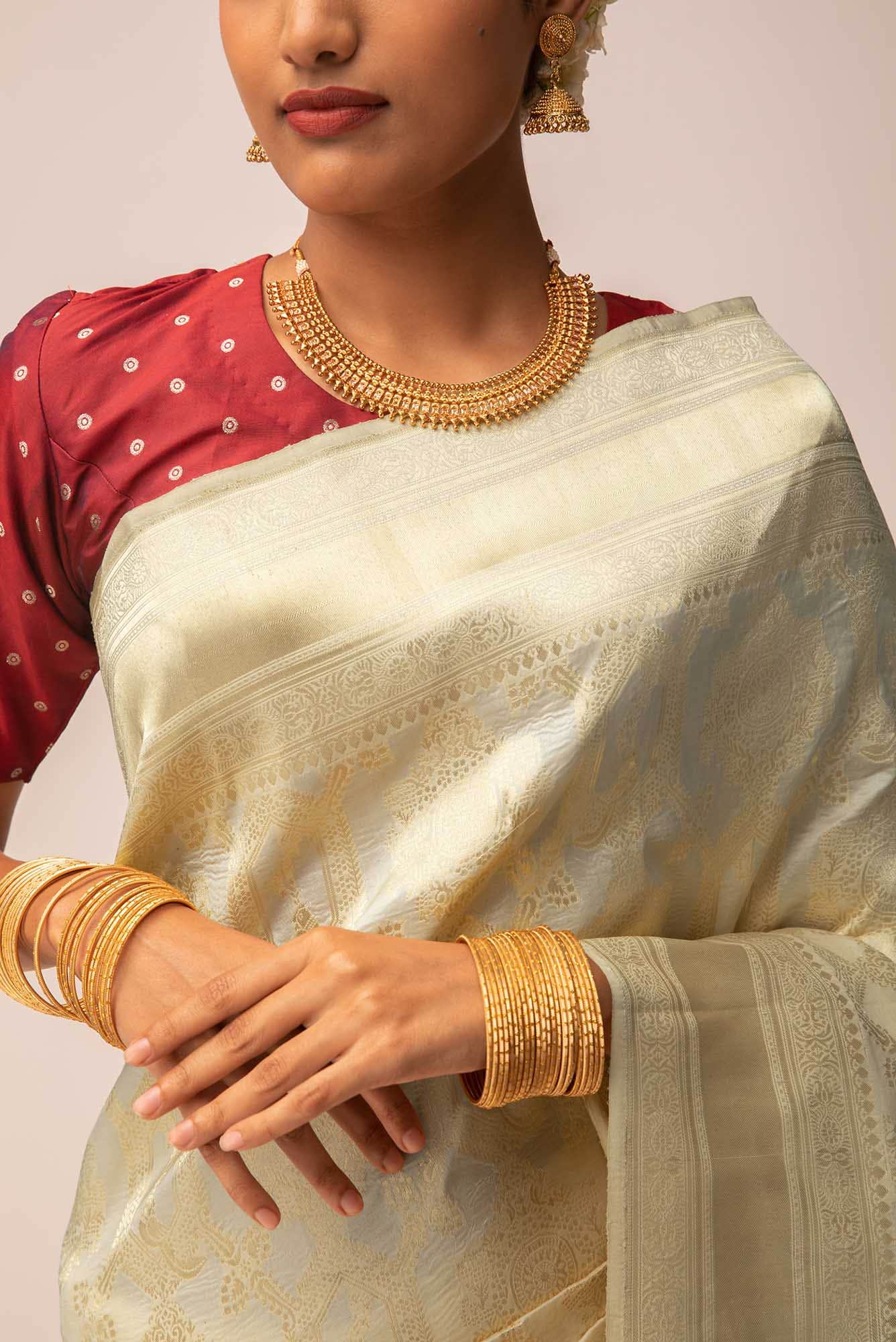 Priyasambad-Cream Banarasi Silk Saree