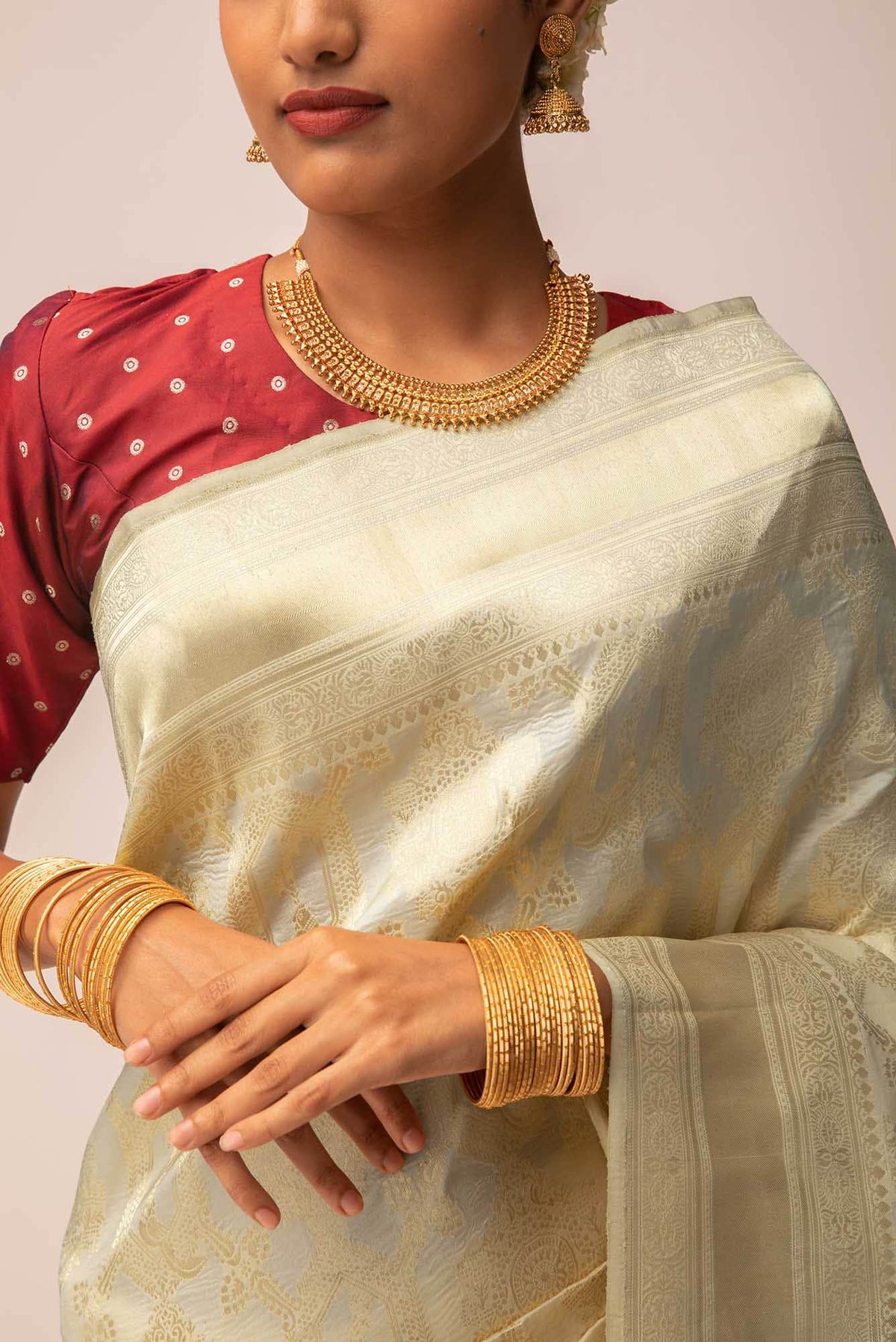 Priyasambad-Cream Banarasi Silk Saree