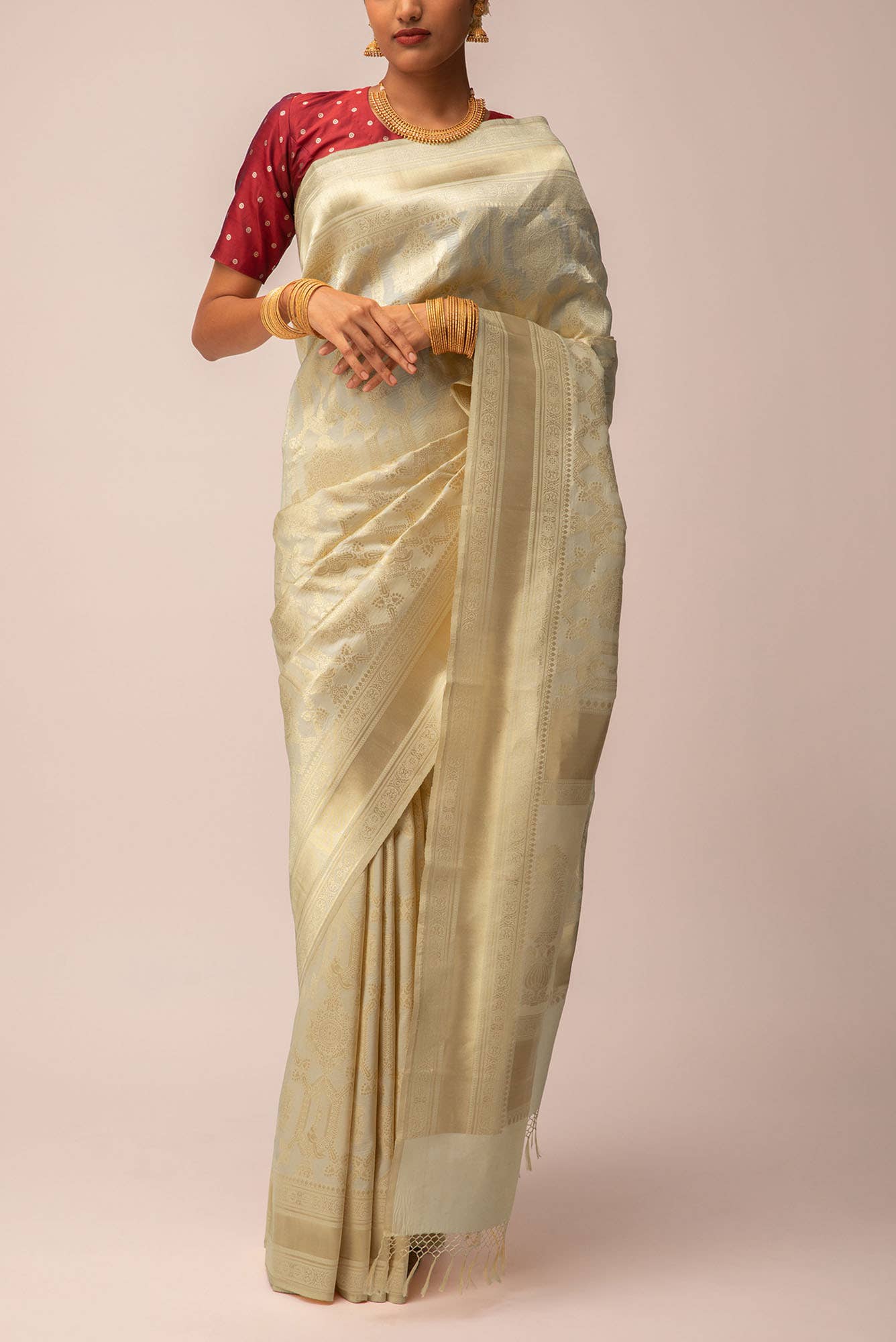 Priyasambad-Cream Banarasi Silk Saree