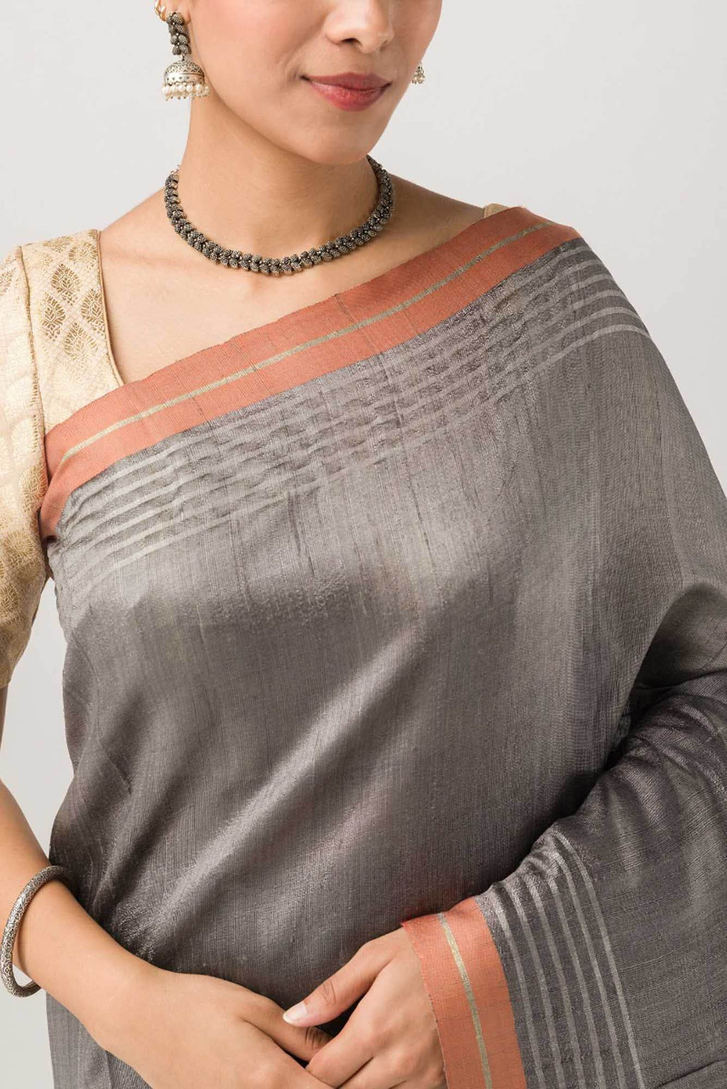 Bhavi-Grey Bhagalpuri Tussar Silk Saree