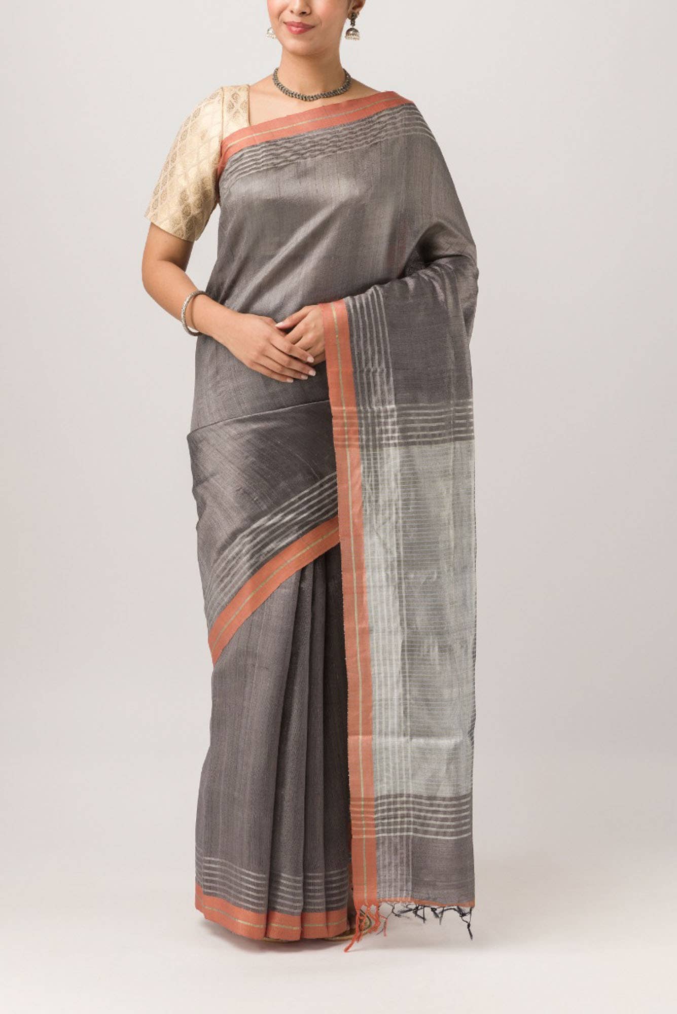 Bhavi-Grey Bhagalpuri Tussar Silk Saree