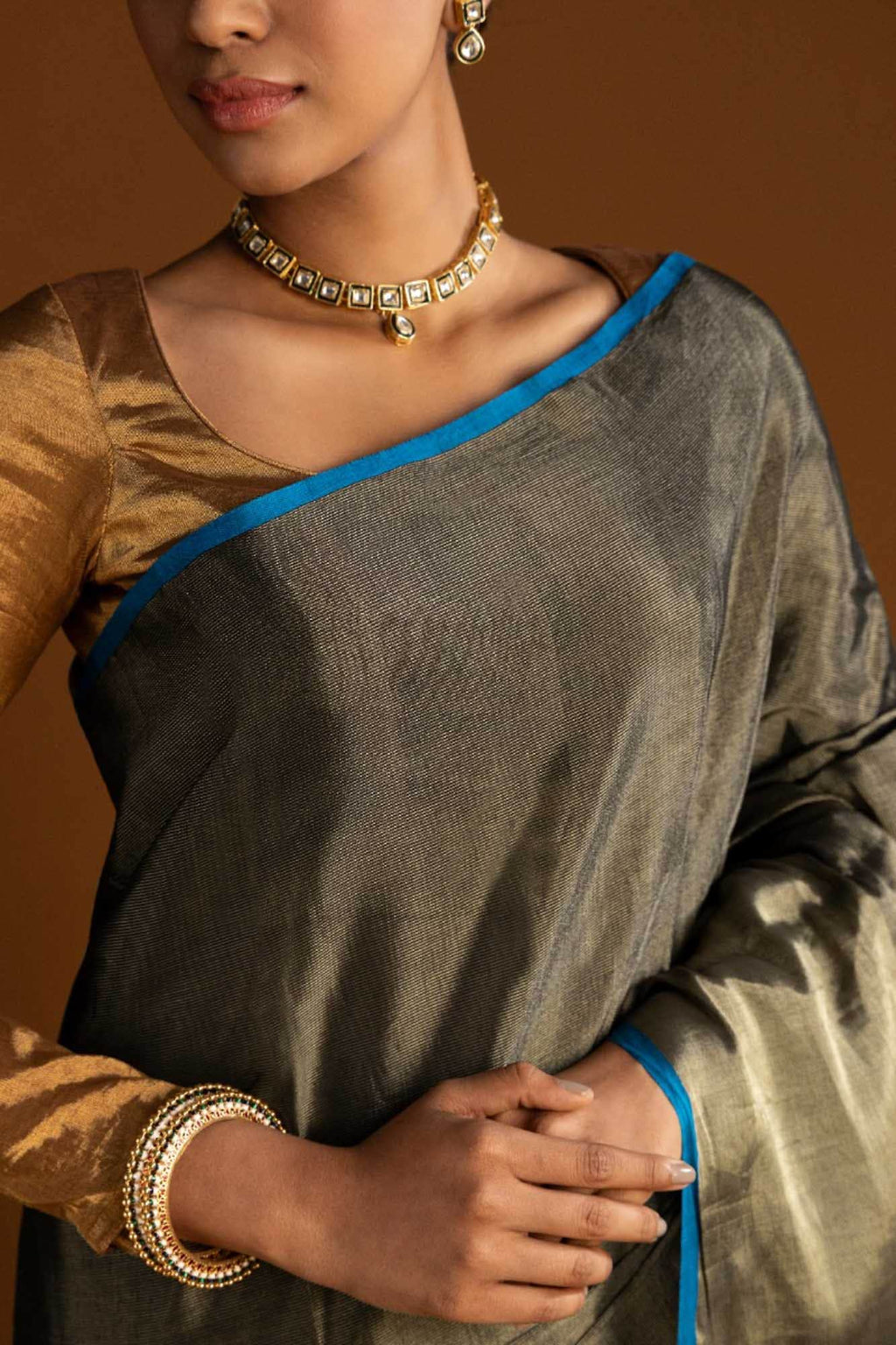 Black Chanderi Tissue Silk Cotton Saree