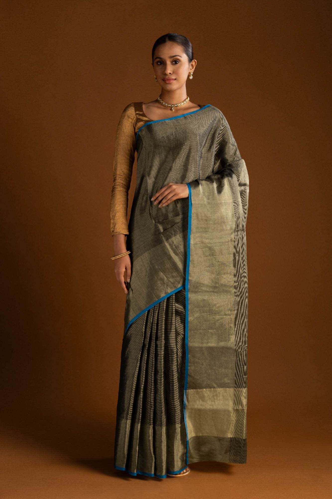 Black Chanderi Tissue Silk Cotton Saree