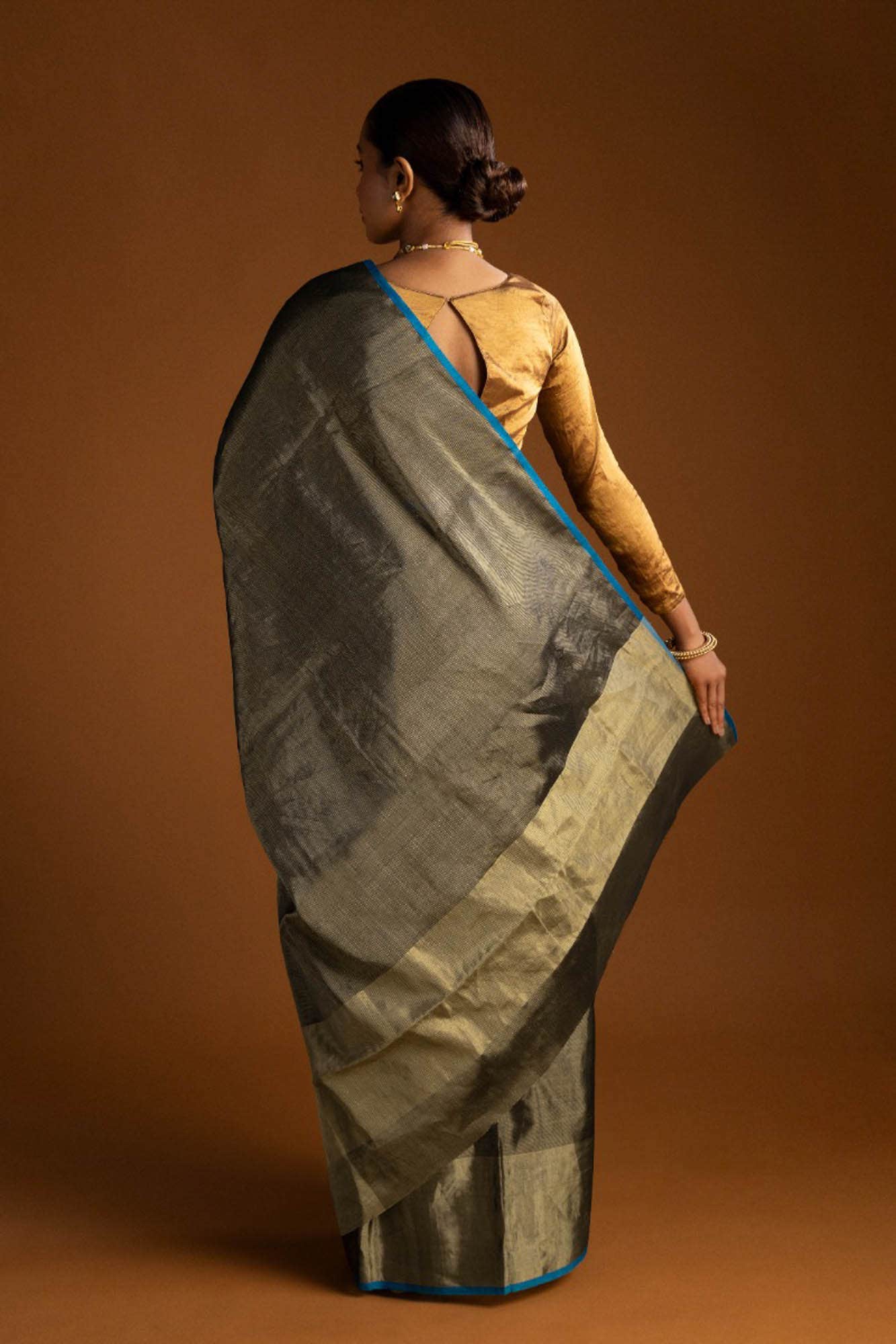Black Chanderi Tissue Silk Cotton Saree