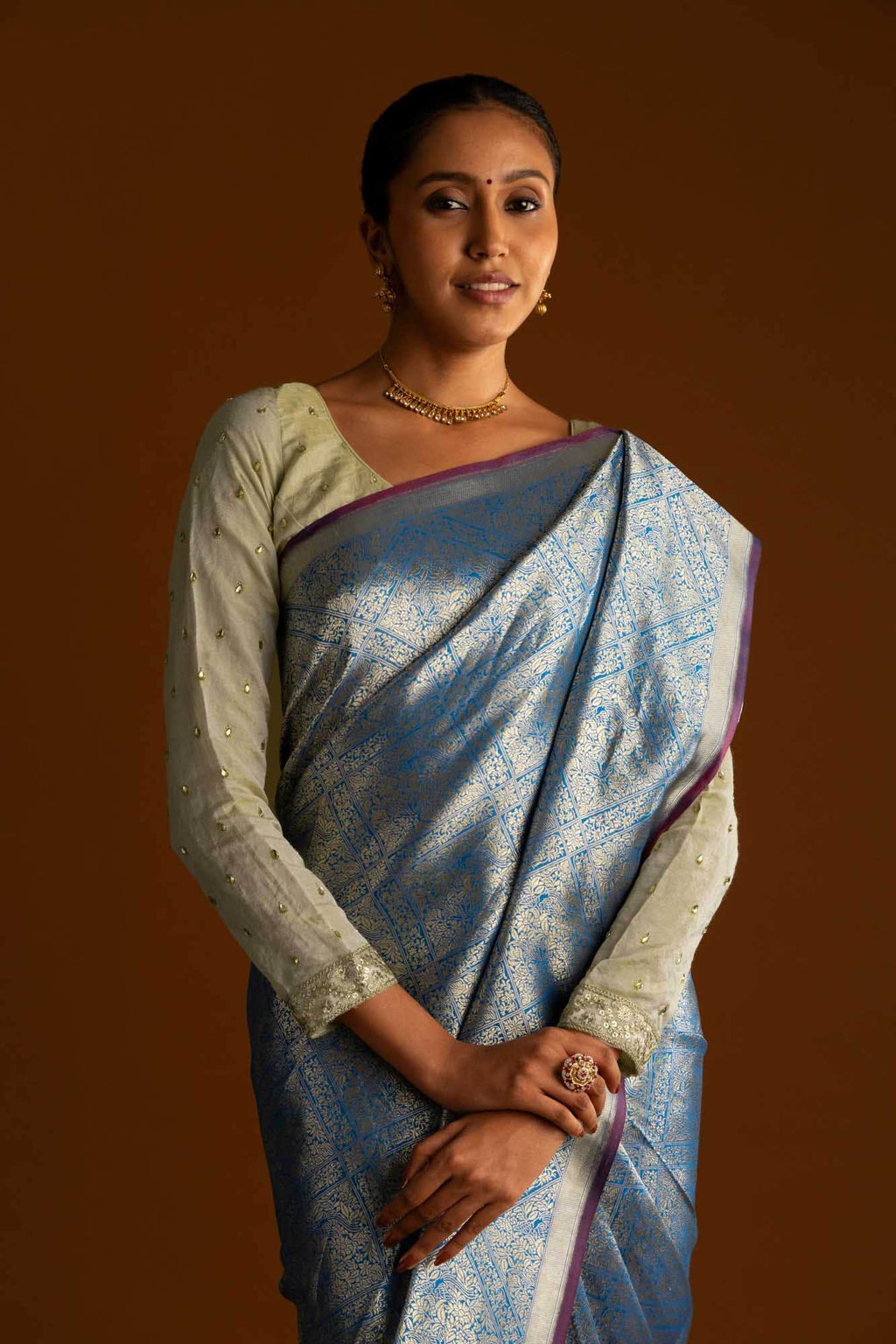 The jeweled Bird-Blue Banarasi Silk Saree