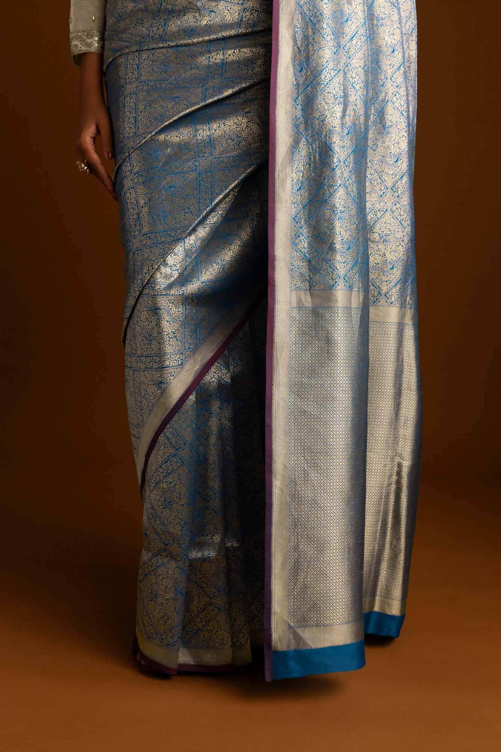 The jeweled Bird-Blue Banarasi Silk Saree