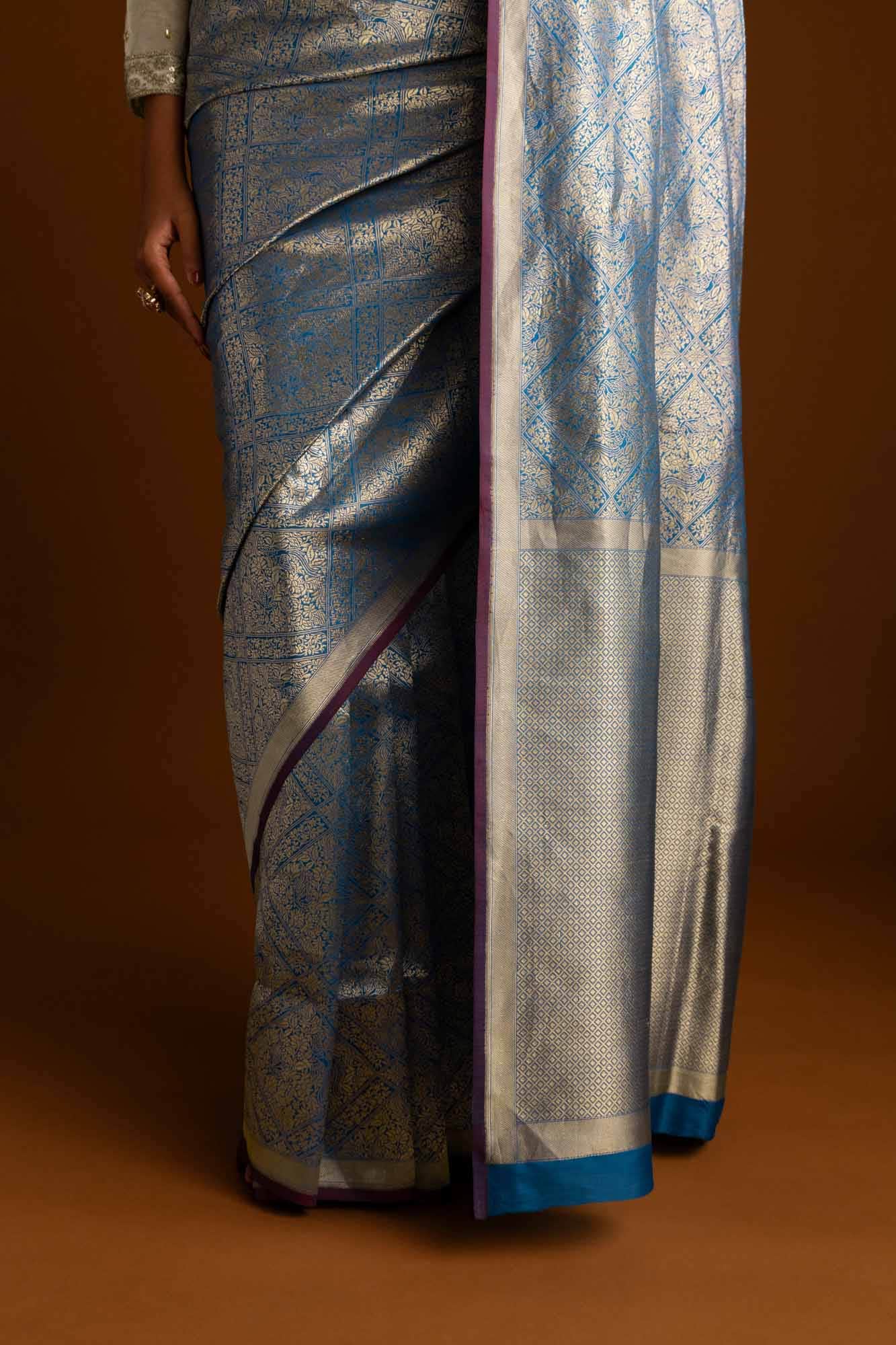 The jeweled Bird-Blue Banarasi Silk Saree