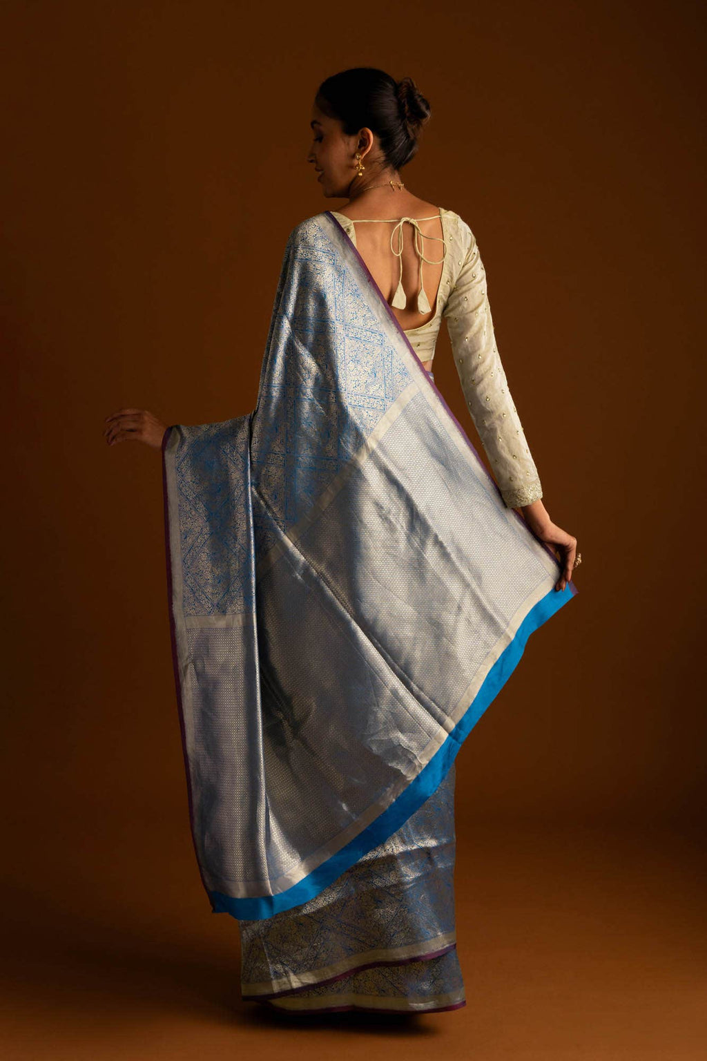 The jeweled Bird-Blue Banarasi Silk Saree