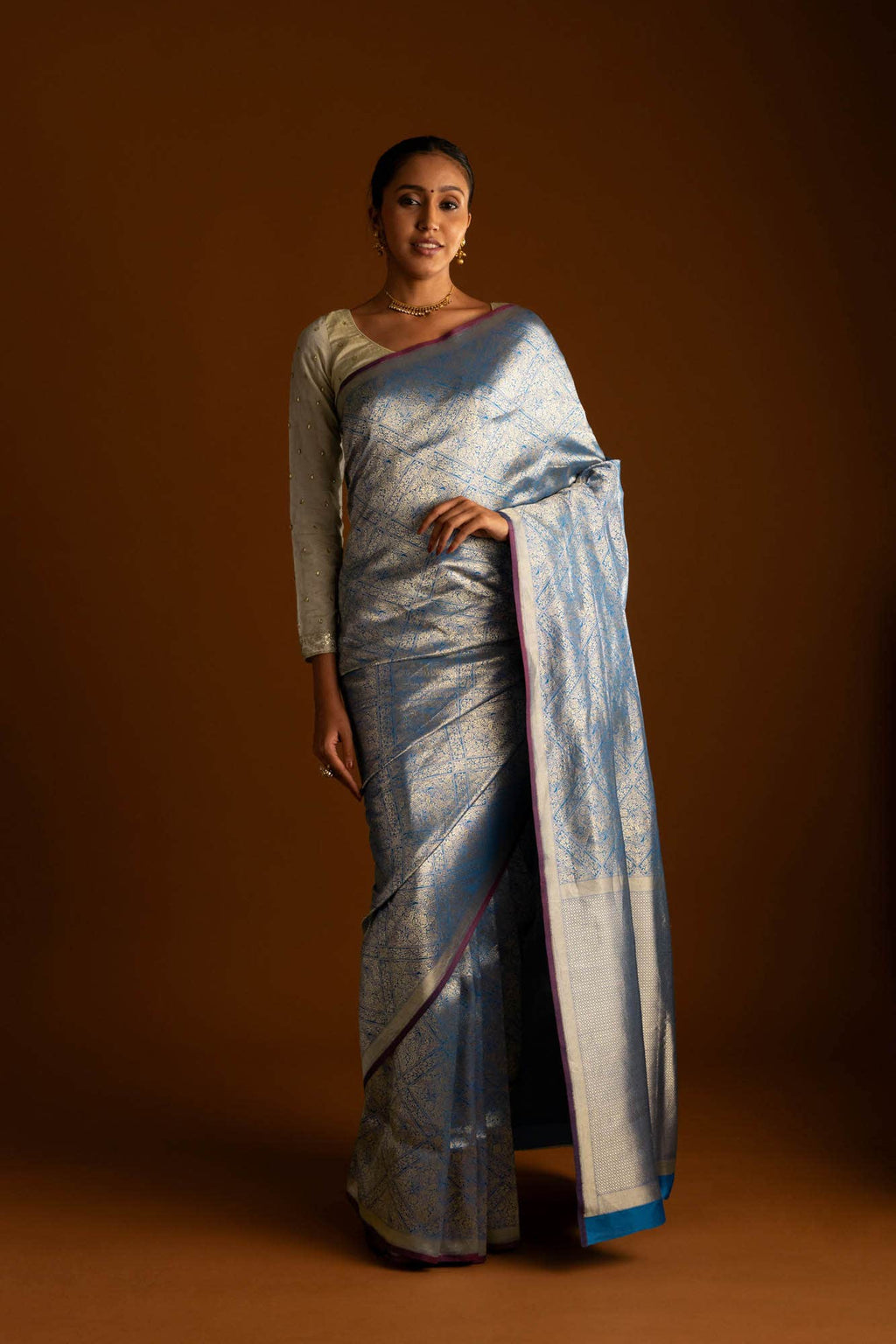 The jeweled Bird-Blue Banarasi Silk Saree