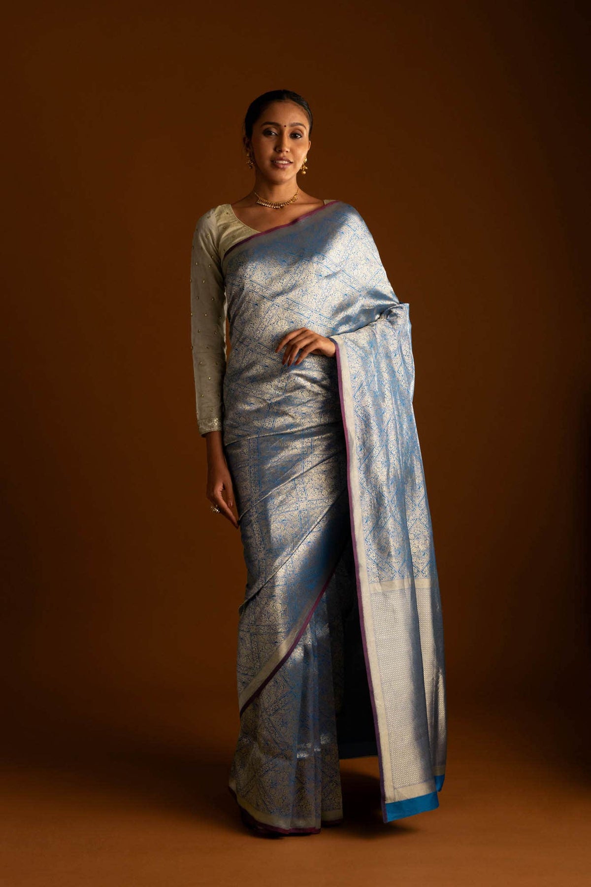 The jeweled Bird-Blue Banarasi Silk Saree