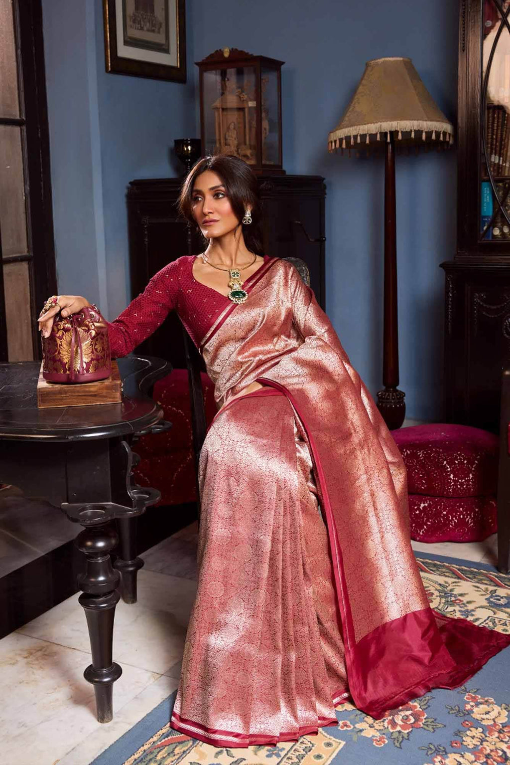 Ottoman Flowers-Maroon Banarasi Silk Saree