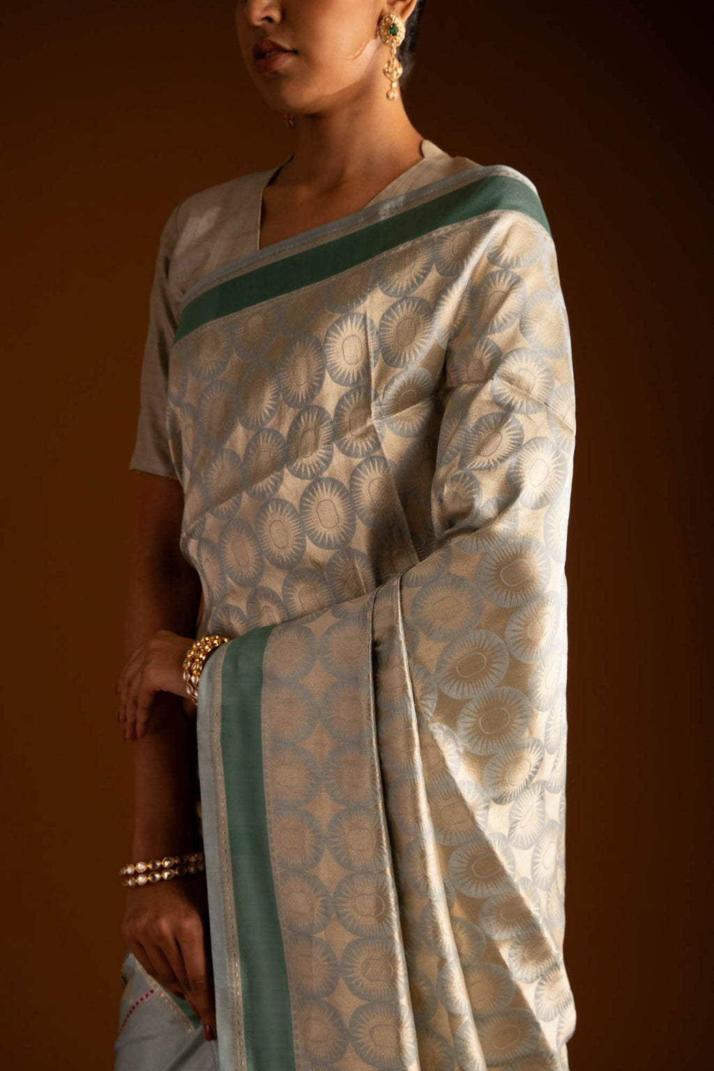 Shimmer Soleil-Sage Green Banarasi Silk Saree