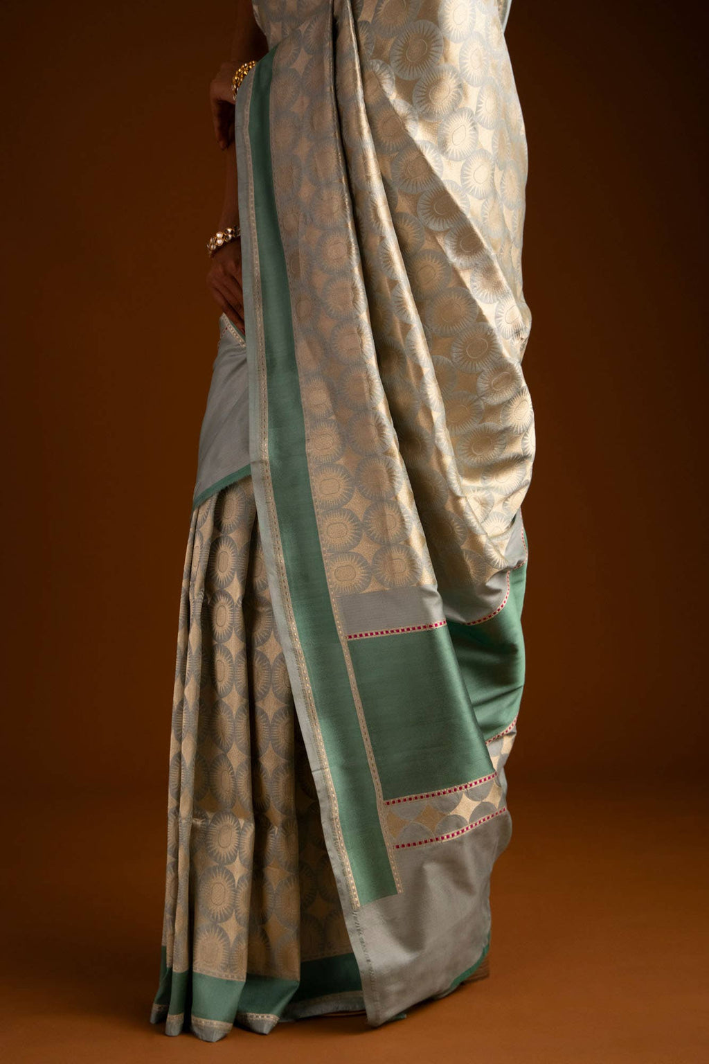 Shimmer Soleil-Sage Green Banarasi Silk Saree