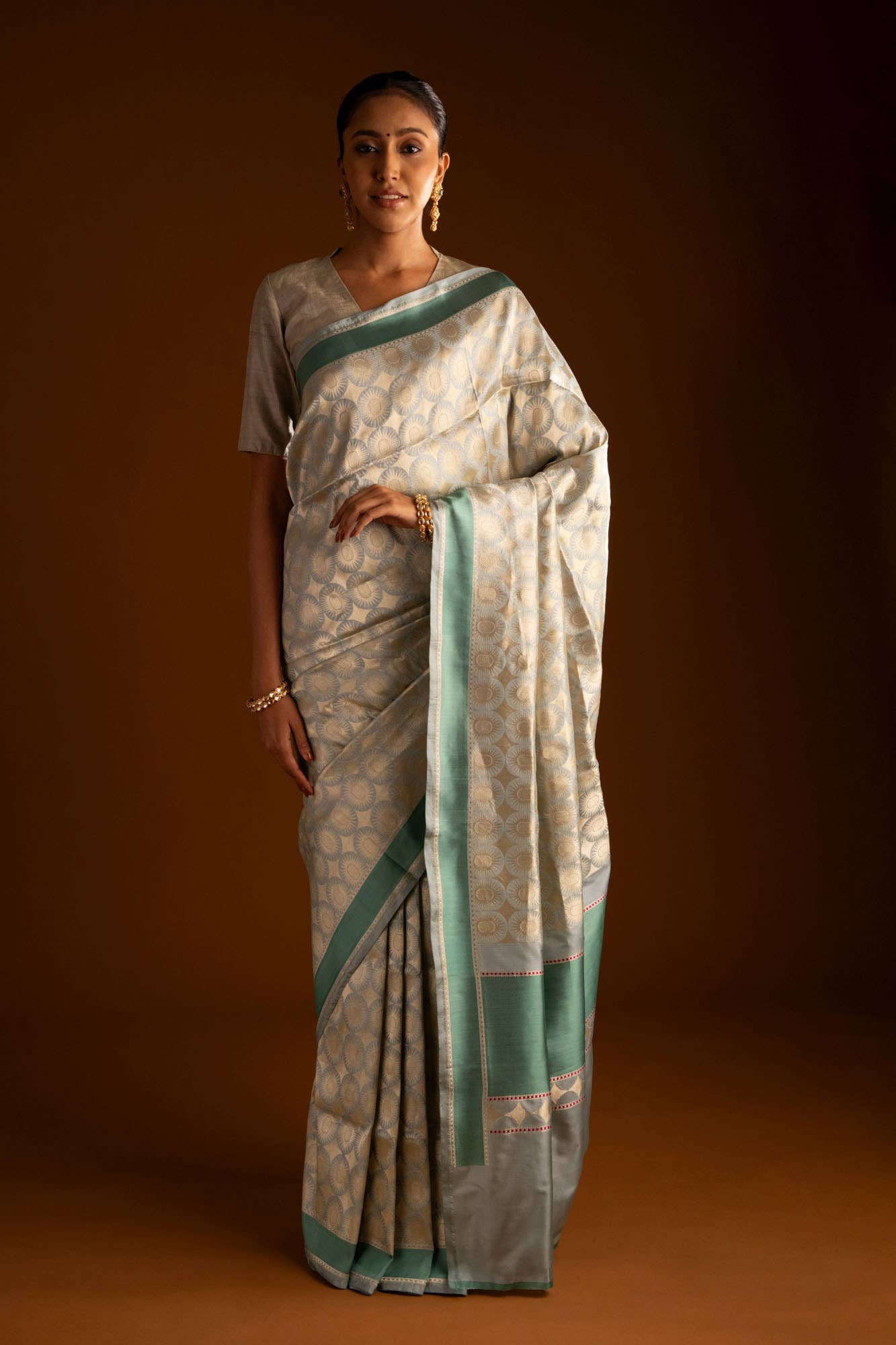Shimmer Soleil-Sage Green Banarasi Silk Saree