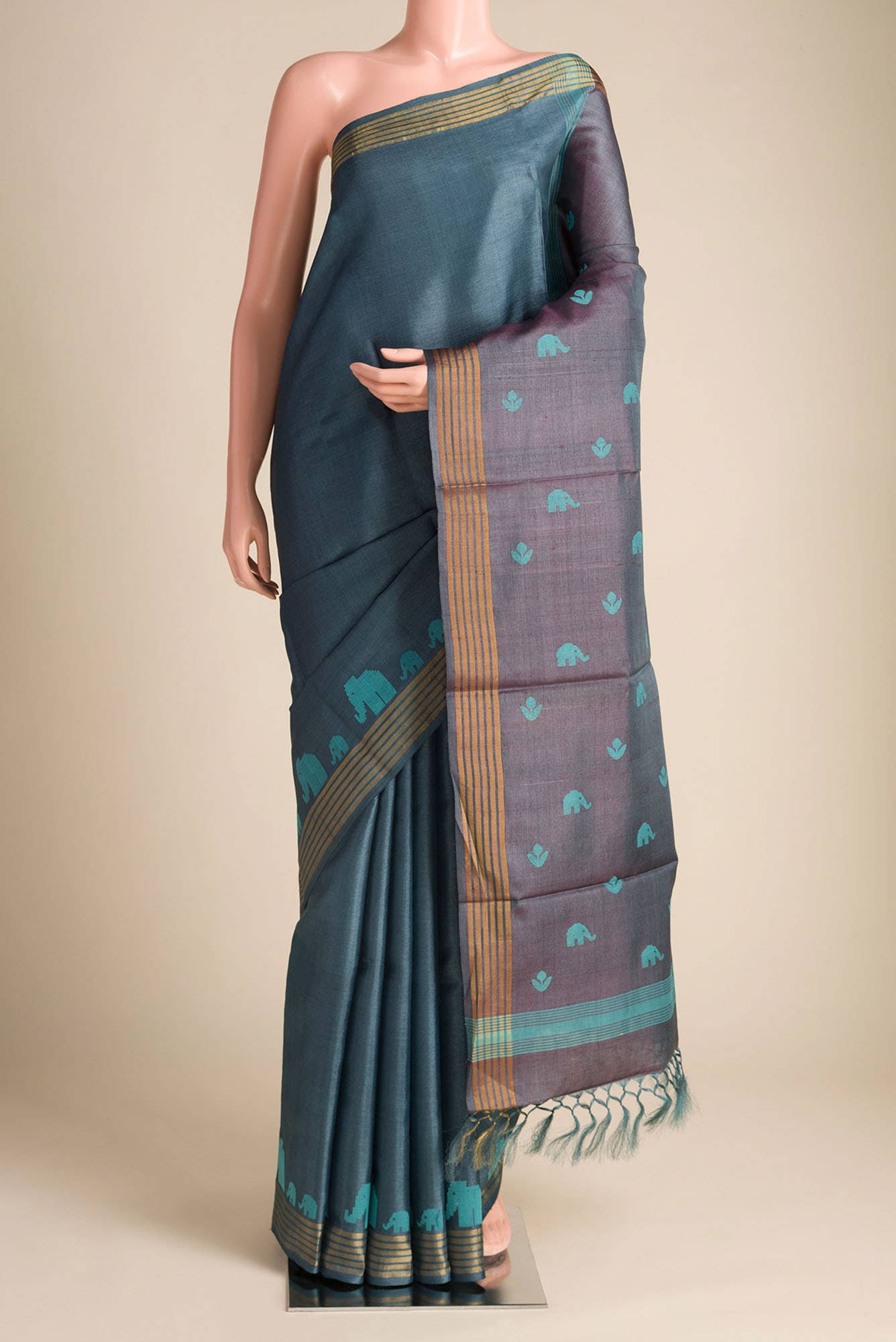 Elephant Whispers-Blue Bhagalpuri Tussar Silk Saree