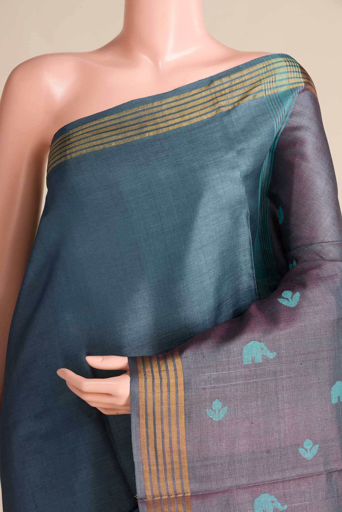 Elephant Whispers-Blue Bhagalpuri Tussar Silk Saree