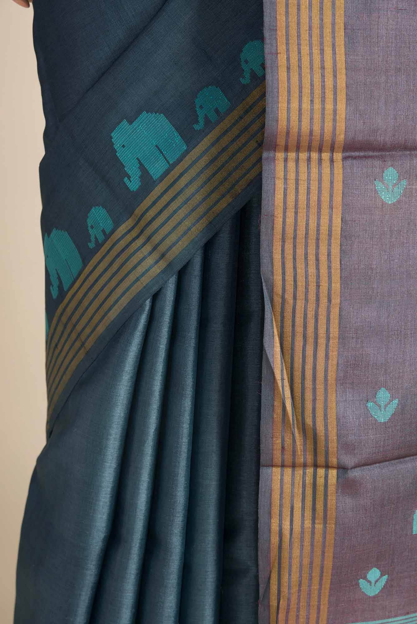 Elephant Whispers-Blue Bhagalpuri Tussar Silk Saree