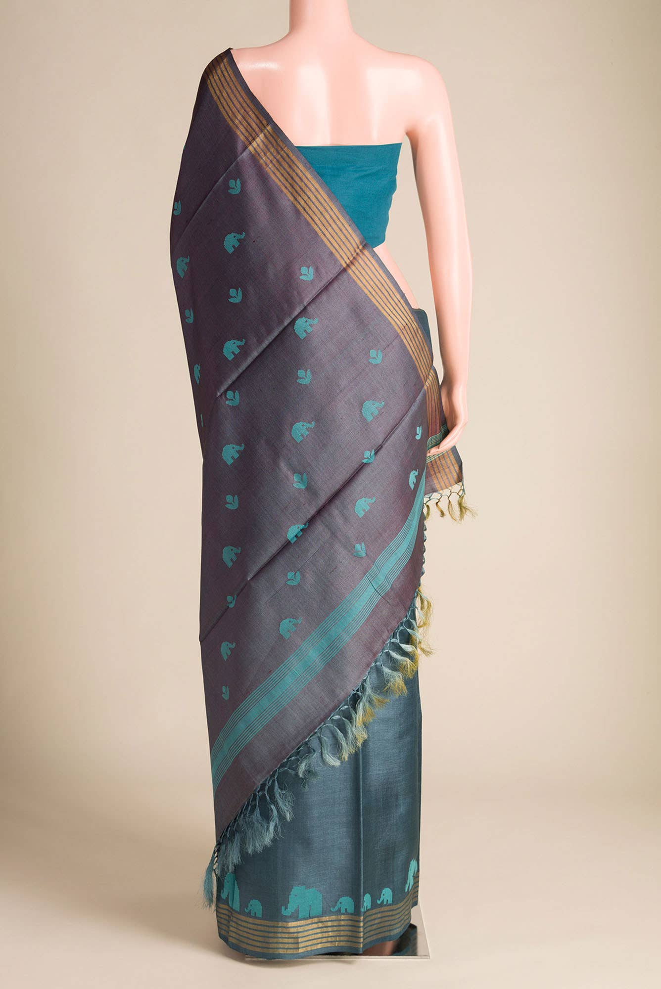 Elephant Whispers-Blue Bhagalpuri Tussar Silk Saree